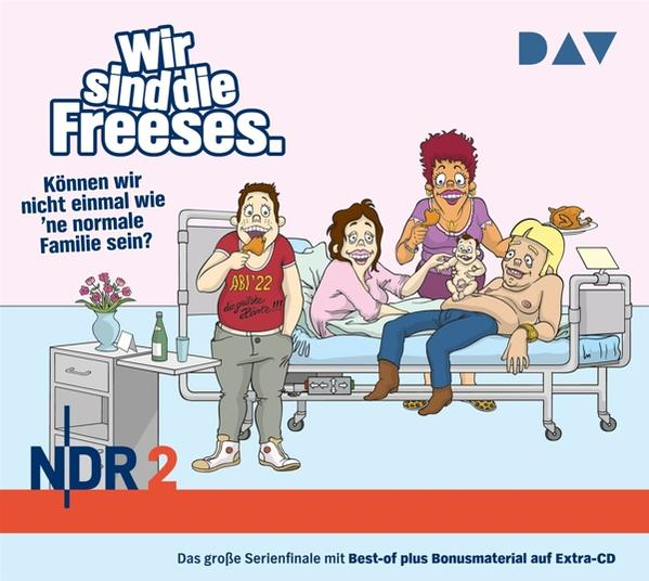Cartoon-Familie auf einem Bett mit deutschem Text.