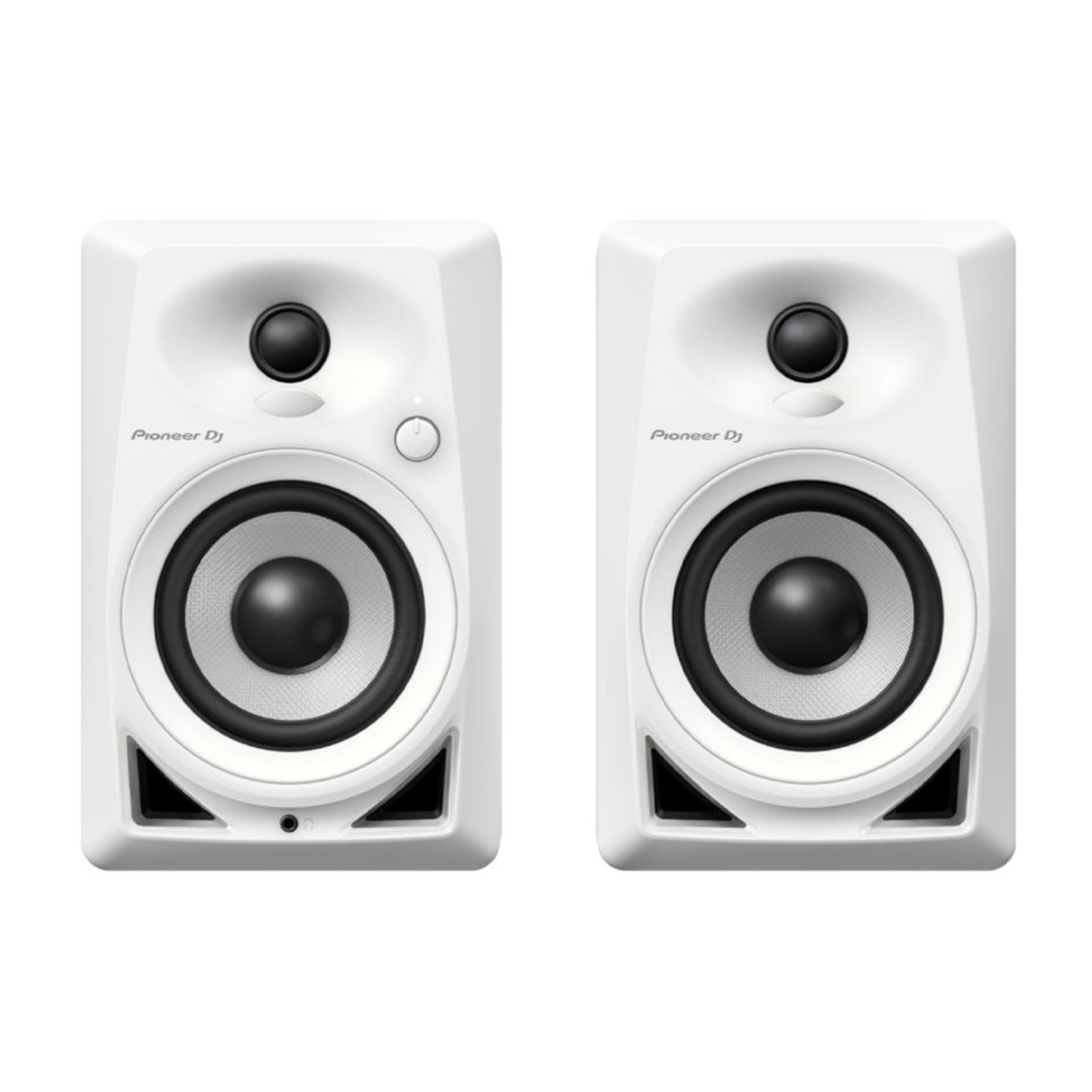 Due altoparlanti Pioneer DJ bianchi, vista frontale, su sfondo bianco. Ognuno ha un cono nero.