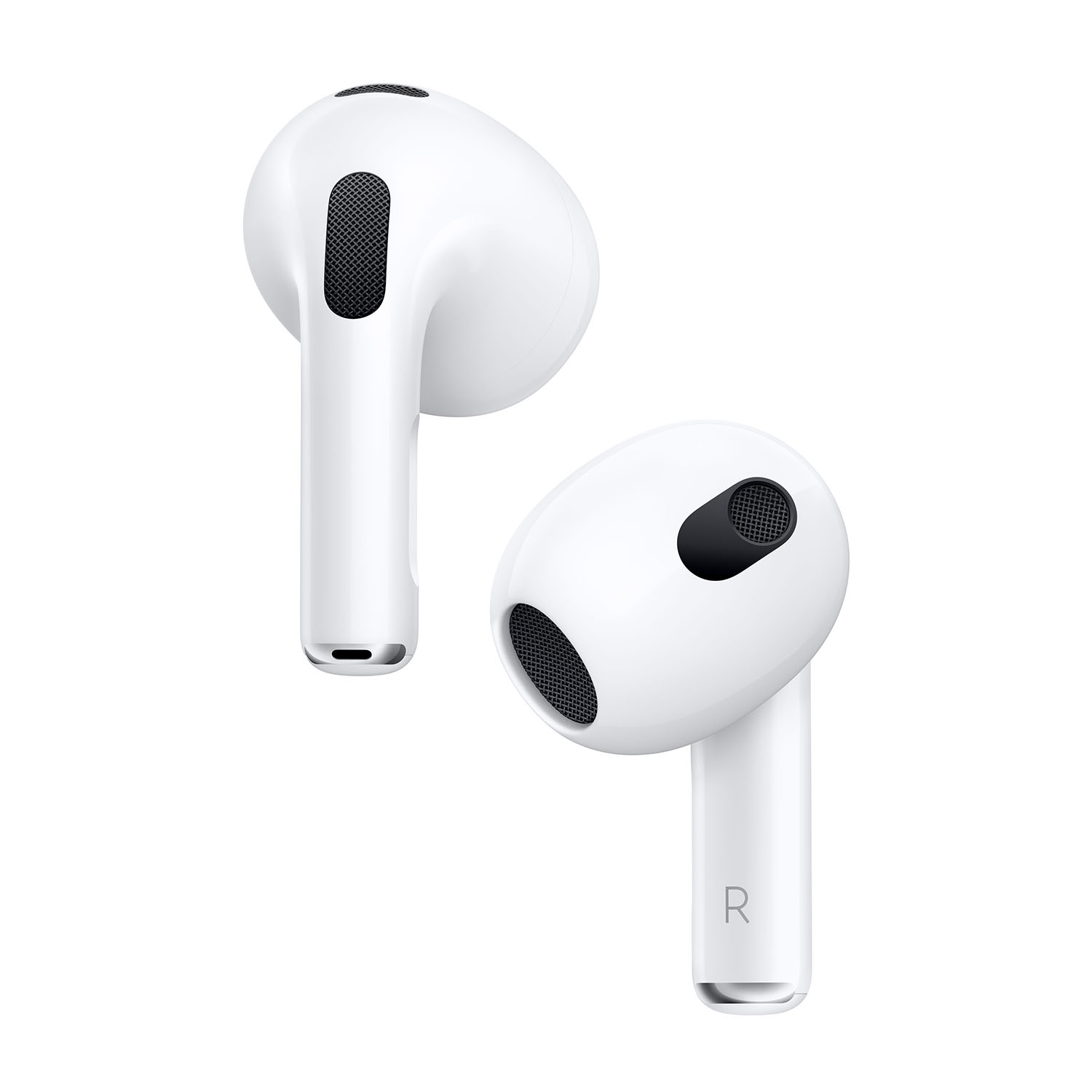 Due AirPods bianche Apple, leggermente angolate, che mostrano i dettagli degli auricolari e dello stelo su sfondo bianco.