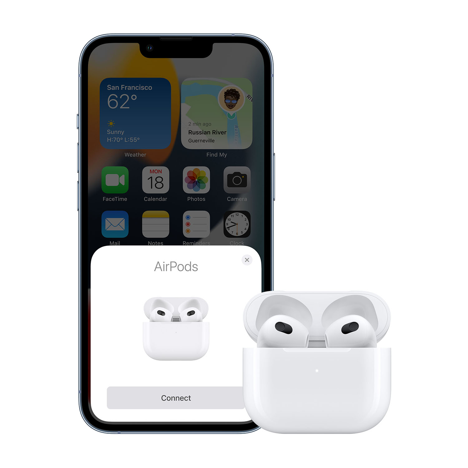 iPhone con AirPods. Il telefono mostra un prompt di connessione. Sfondo bianco.