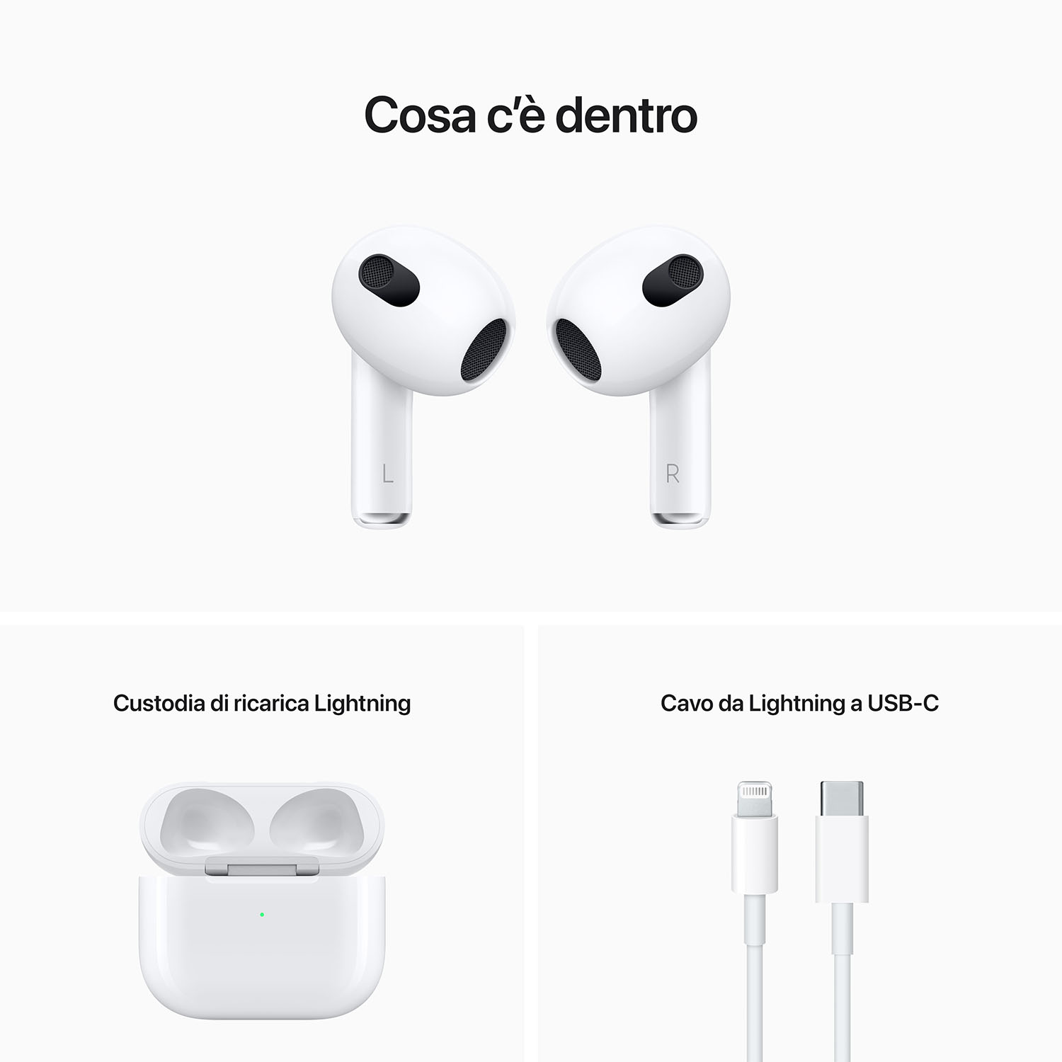Apple AirPods bianche e custodia di ricarica, con cavo da USB-C a Lightning.