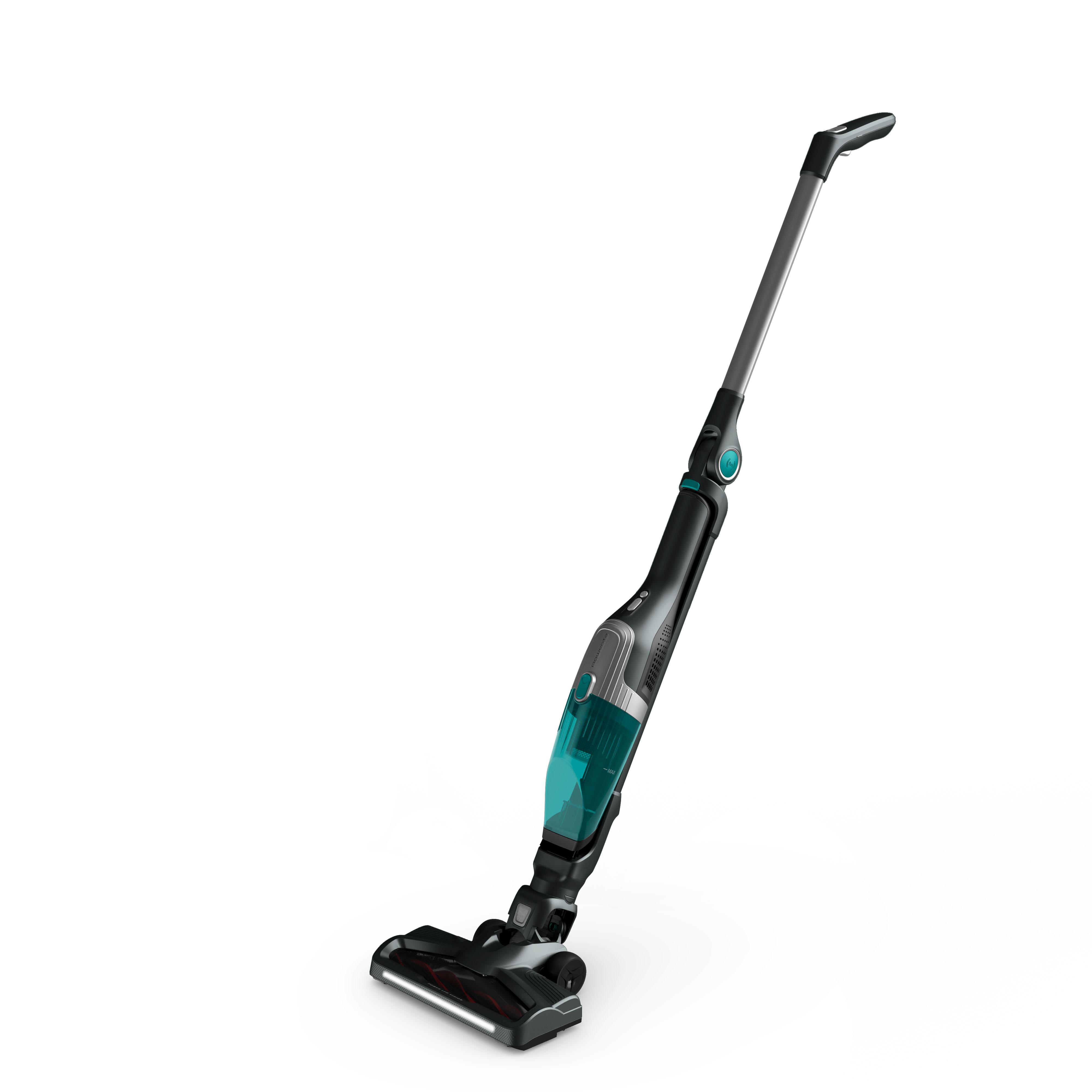 Schnurloser Staubsauger in Schwarz und Türkis auf weißem Hintergrund, schräge Ansicht.
