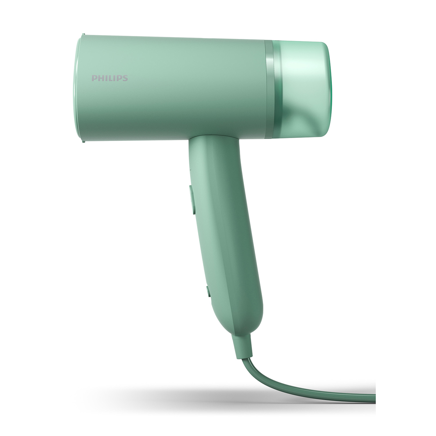 Un vaporizzatore portatile verde menta per vestiti, con manico e cavo.