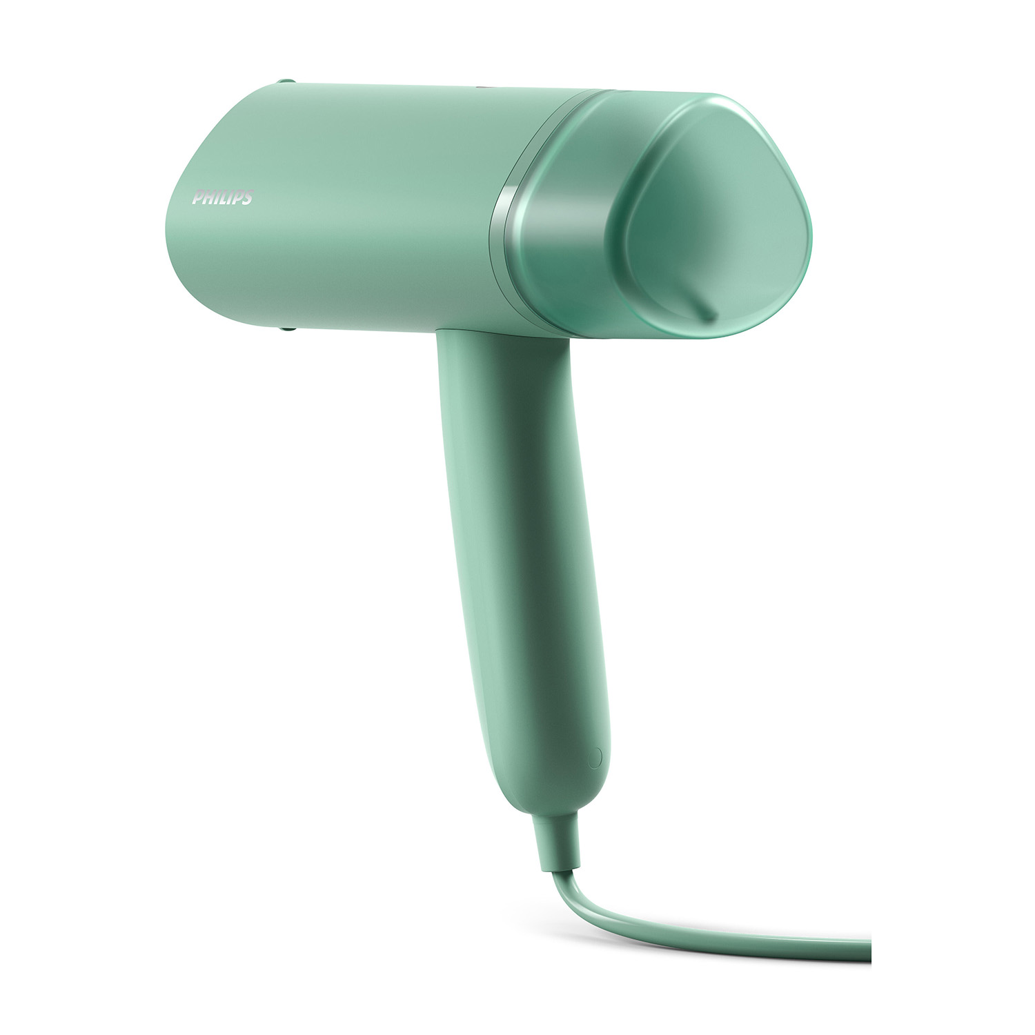 Vaporizzatore per abiti verde menta con un lungo manico e una testa curva.