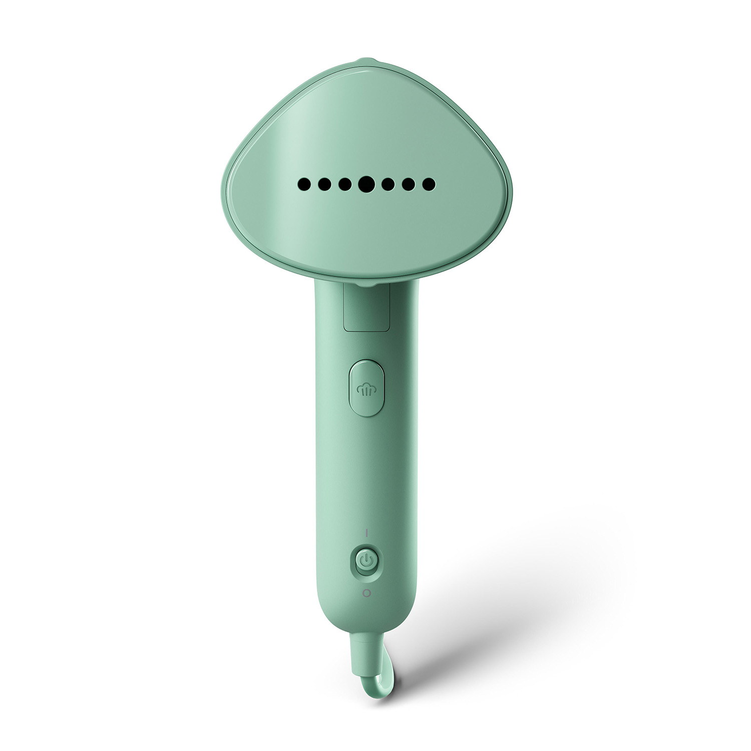 Un vaporizzatore portatile verde menta. Ha un manico con pulsanti e una testa con fori. Sfondo bianco.