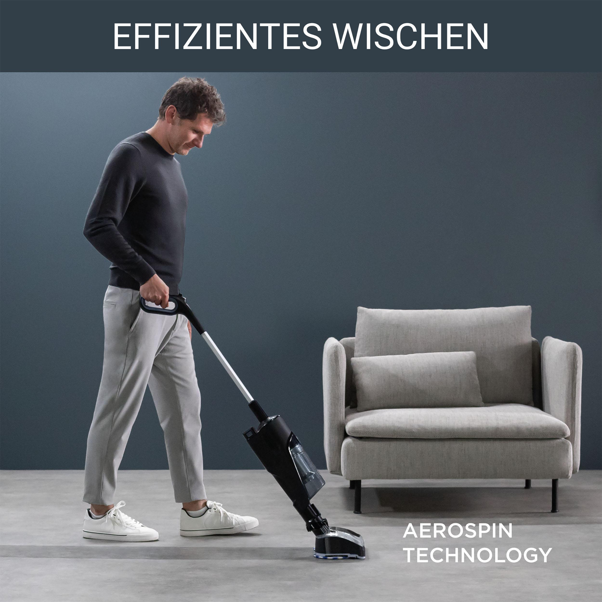 Ein Mann, der einen Boden saugt. Der Text 'Effizientes Wischen' und 'Aerospin Technology' sind sichtbar.