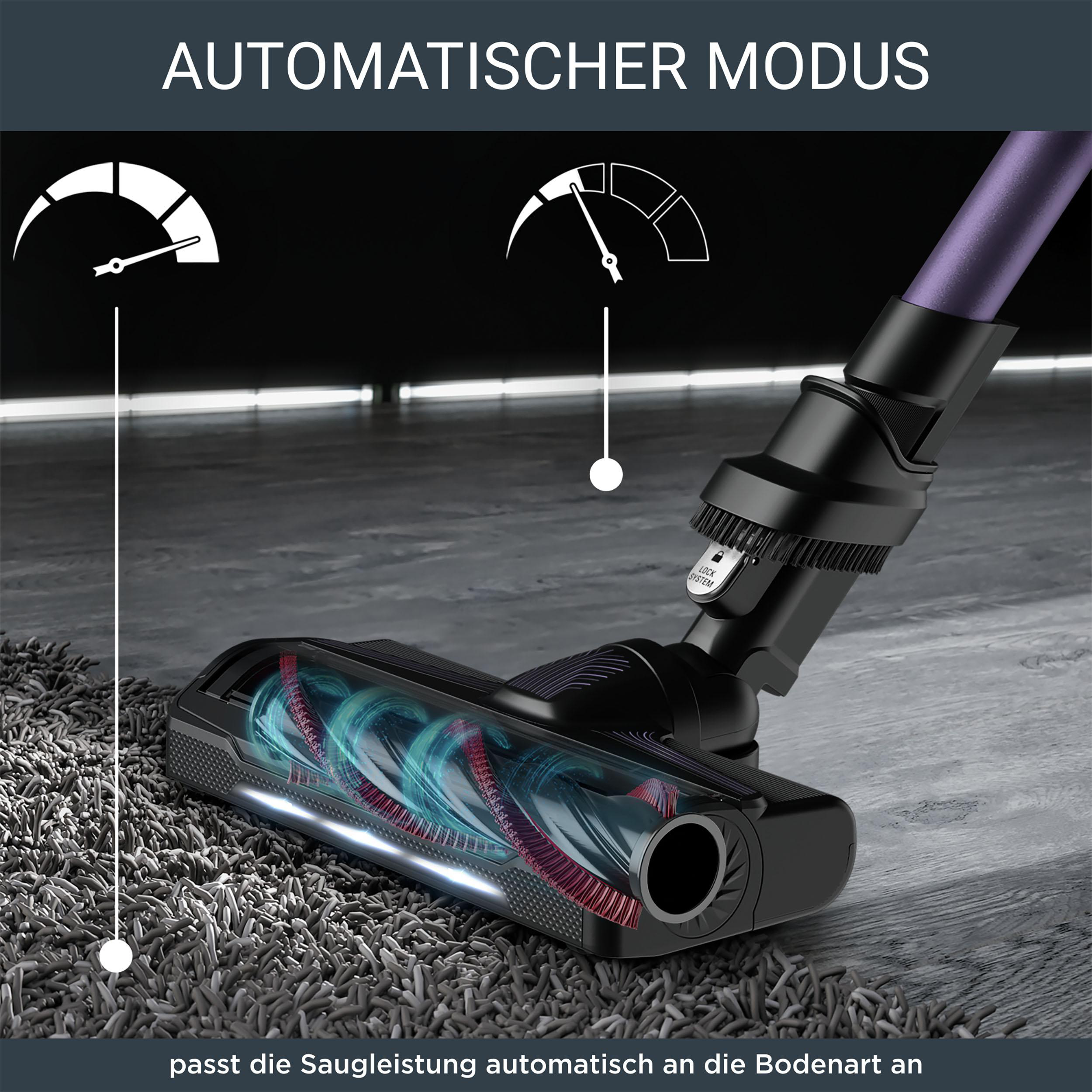 Staubsaugerkopf, der Teppich reinigt. Text sagt 'Automatischer Modus' und zeigt Leistungseinstellungen.