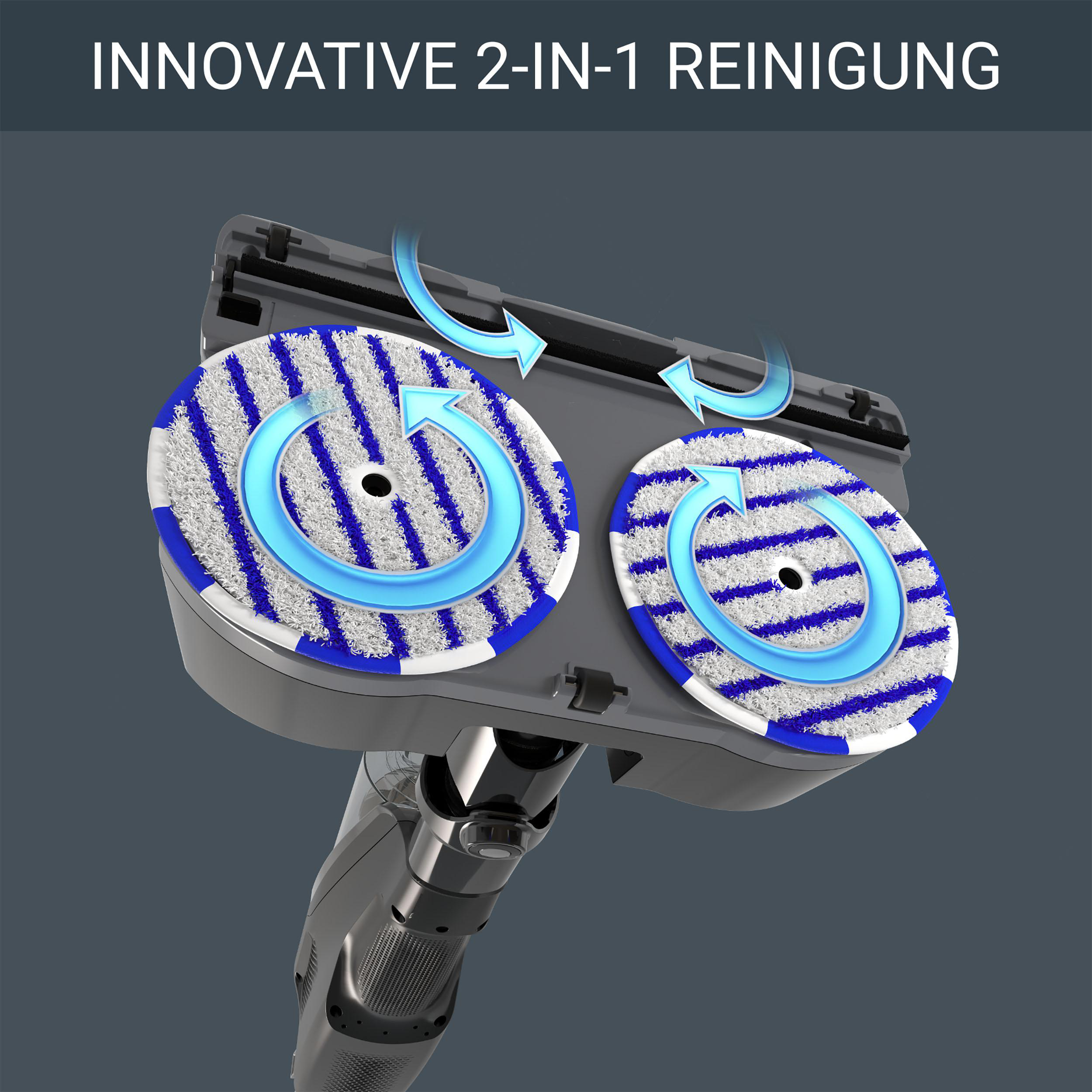 Nahaufnahme eines Staubsaugerkopfes mit zwei rotierenden Reinigungspads. Pfeile zeigen die Reinigungsrichtung an.