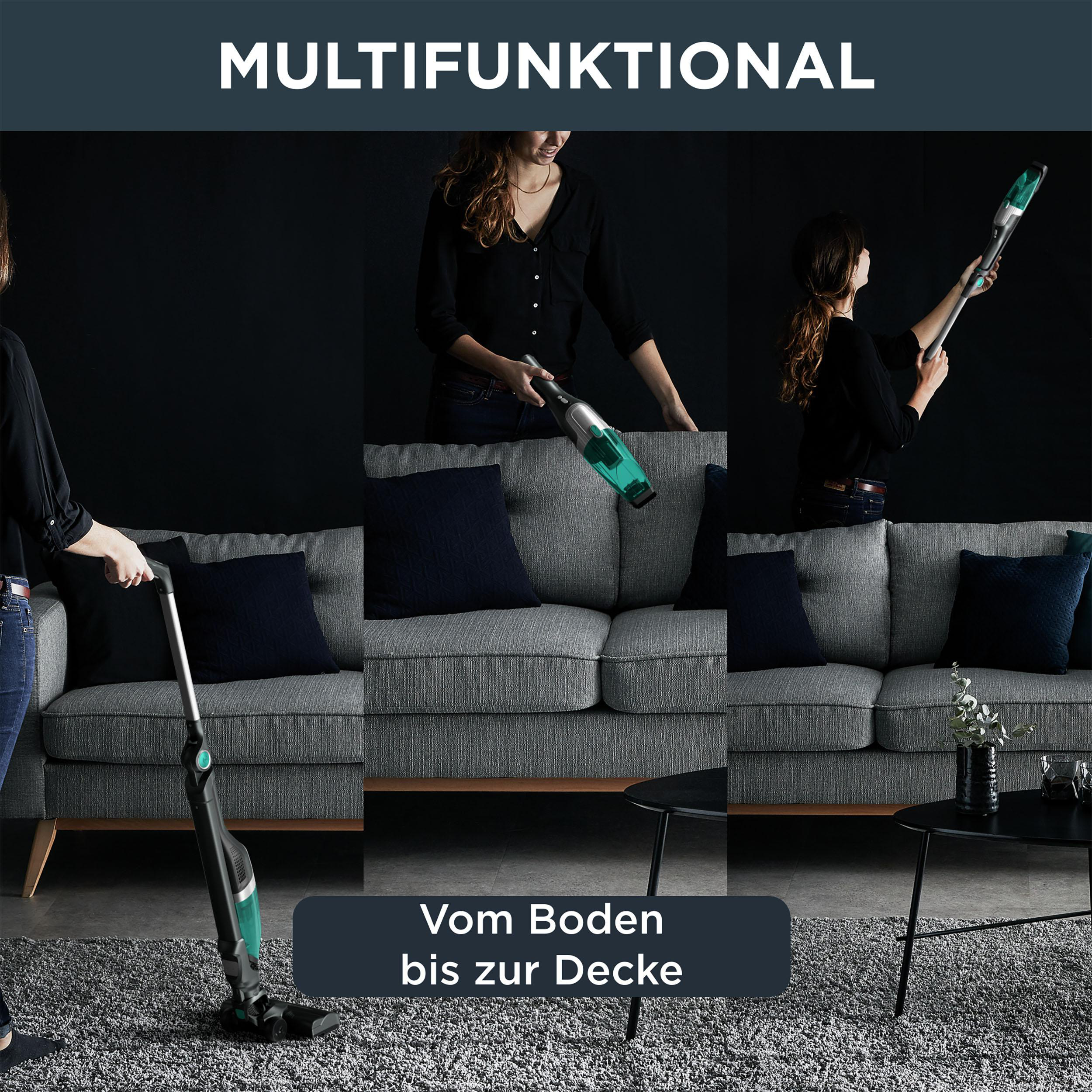 Mehrteiliges Bild, das eine Frau bei der Benutzung eines Staubsaugers zeigt. Der Text oben lautet 'Multifunktional'.