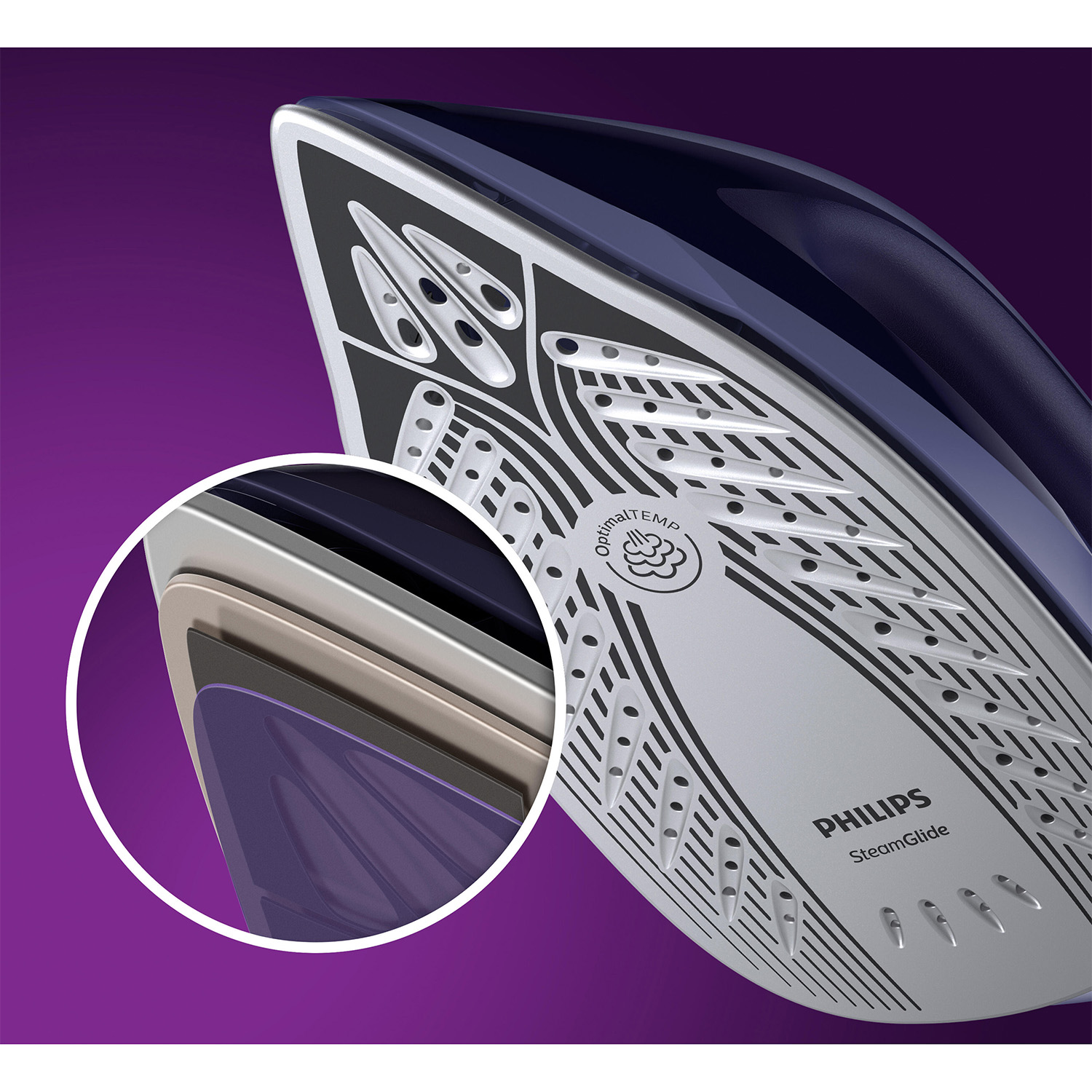 Primo piano della piastra di un ferro da stiro con strati di colore e il logo Philips.