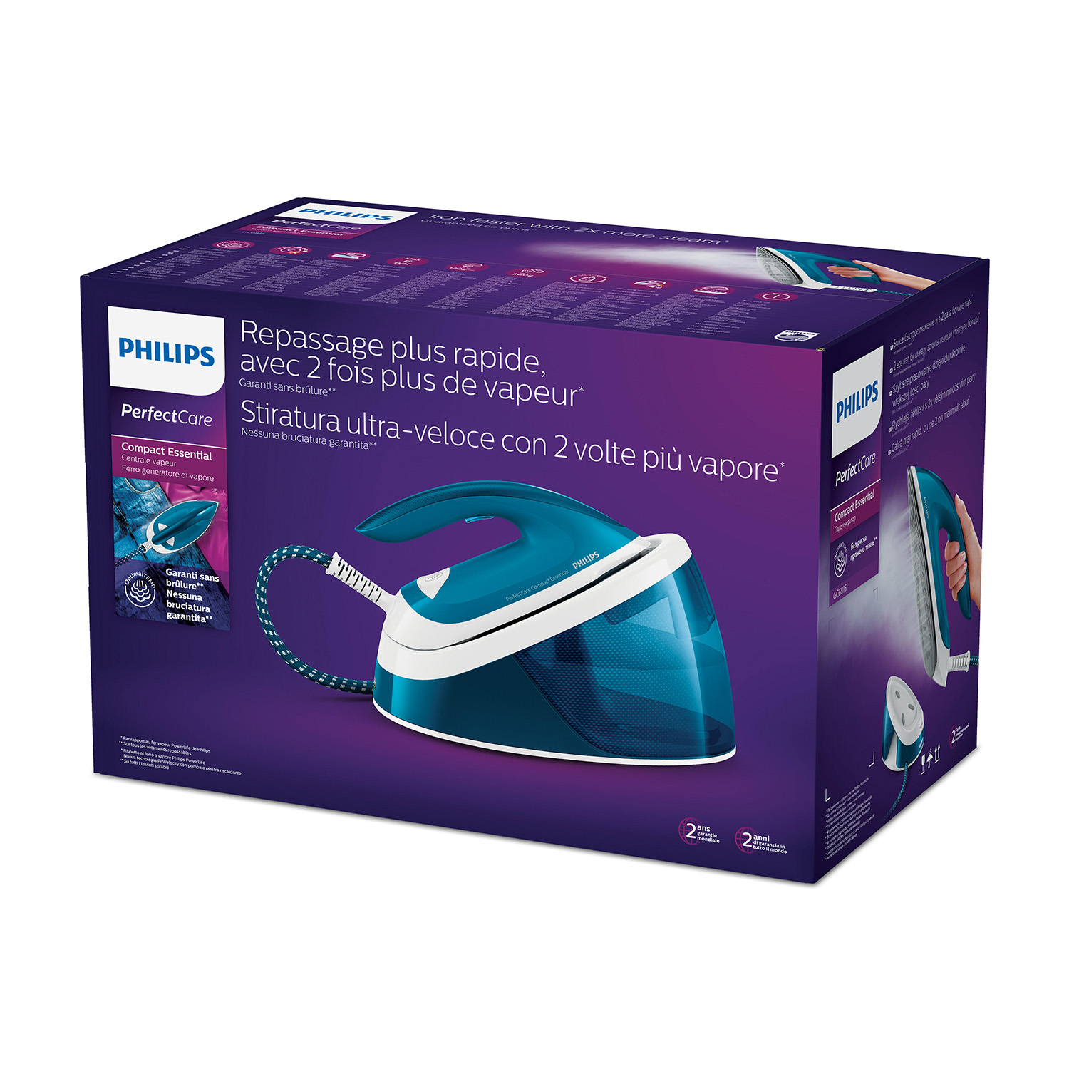 Una scatola del ferro da stiro a vapore Philips PerfectCare, che mostra il ferro e le sue caratteristiche, su sfondo bianco.