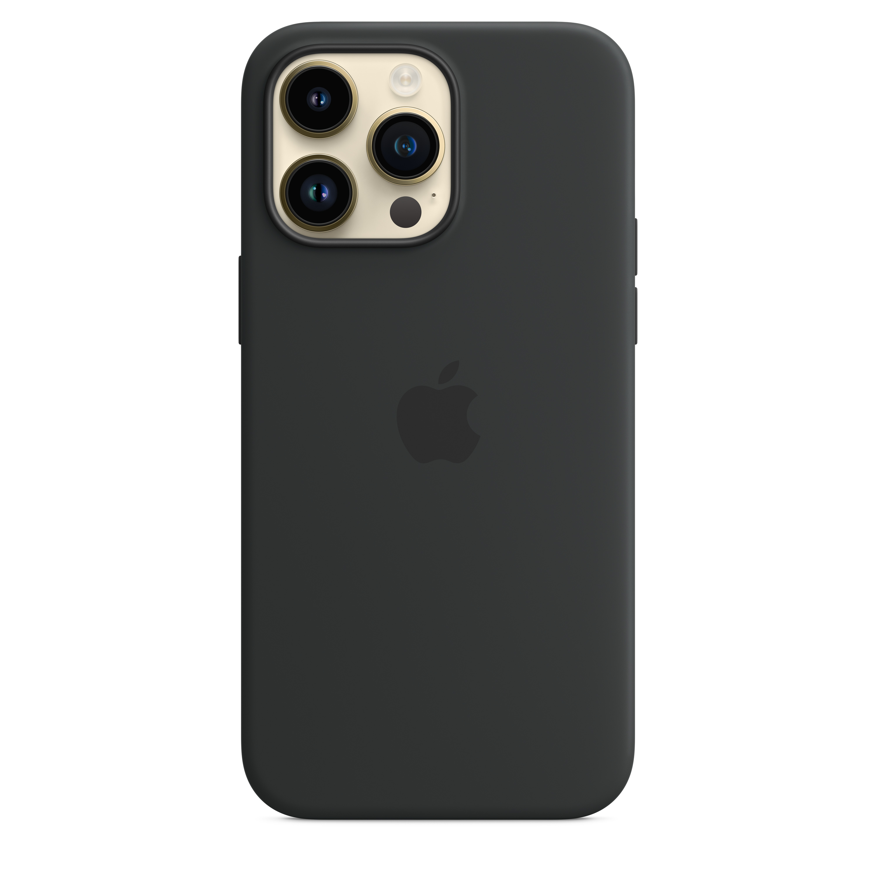 Schwarze iPhone-Hülle mit Kameralinsen, Apple-Logo, weißer Hintergrund.