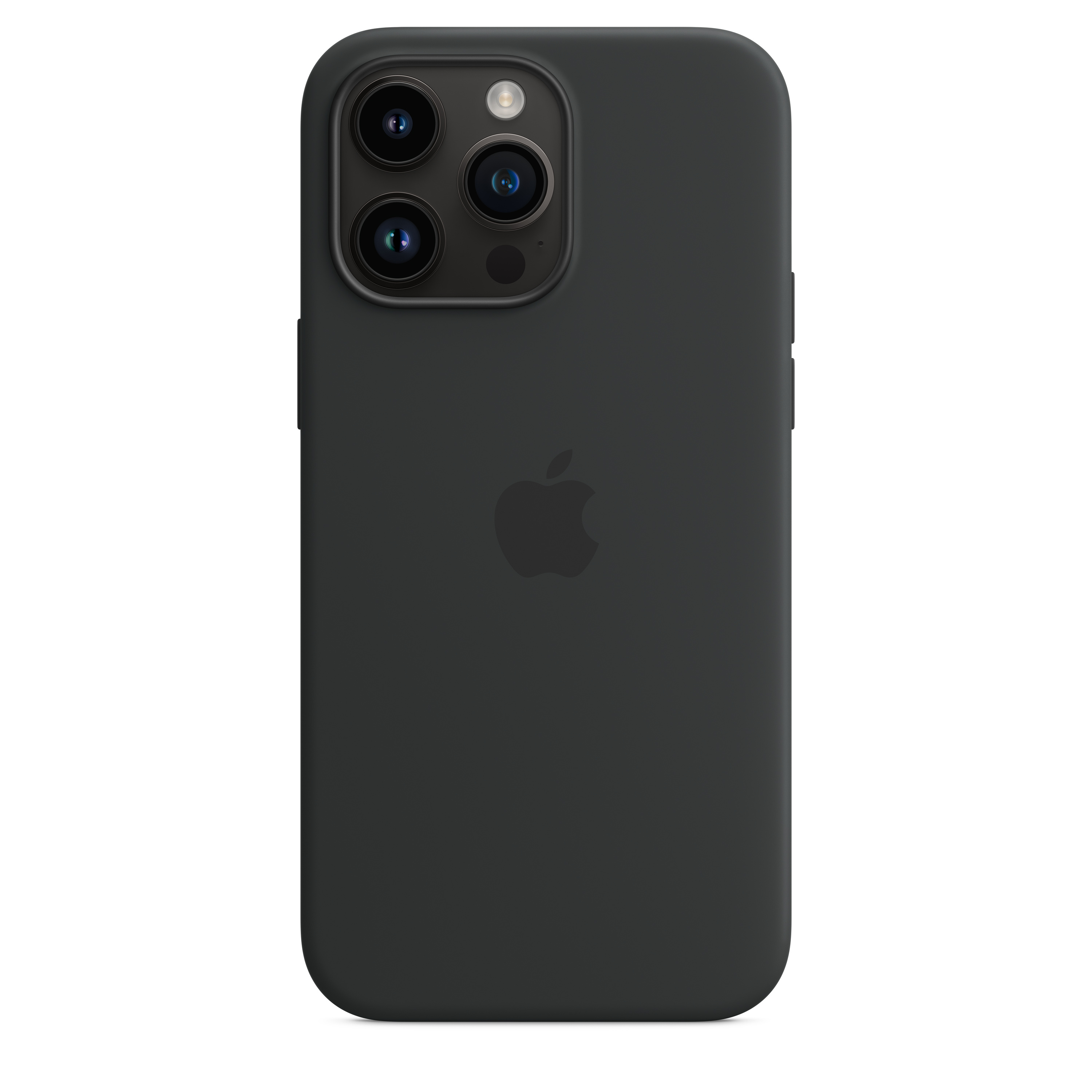 Schwarze iPhone-Hülle mit Apple-Logo und drei Kameralinsen.