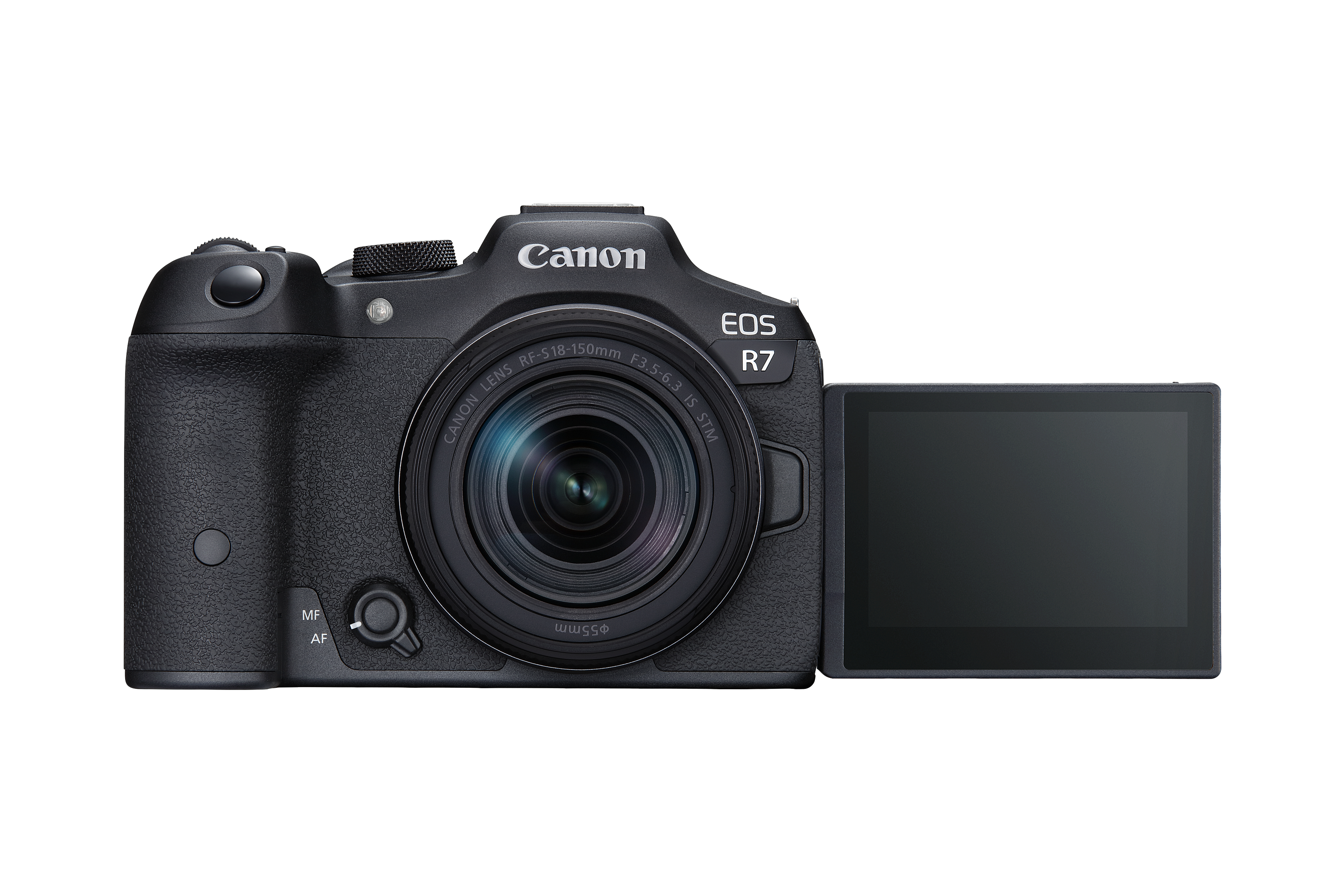 Eine Canon EOS R7 Kamera mit ausgeklapptem Bildschirm, vor weißem Hintergrund.