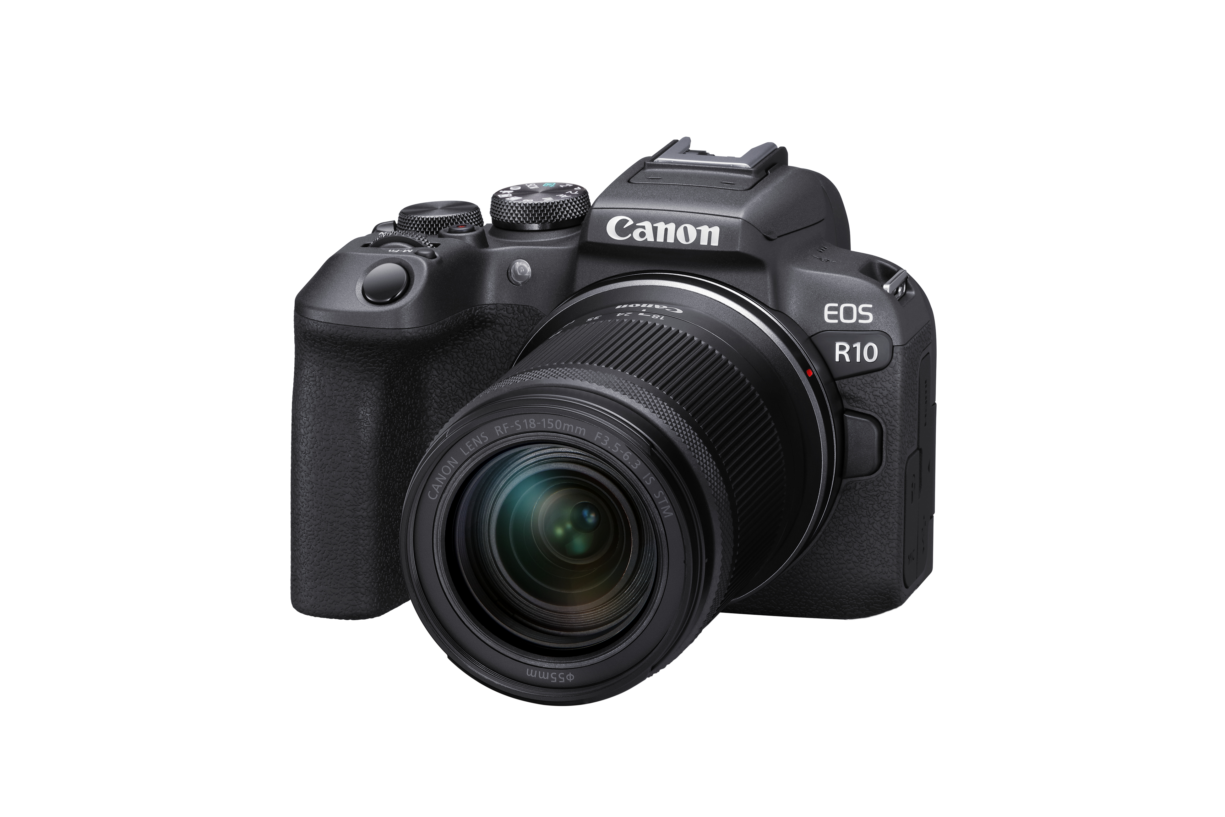Eine schwarze Canon EOS R10 Kamera mit Objektiv, isoliert auf weißem Hintergrund.