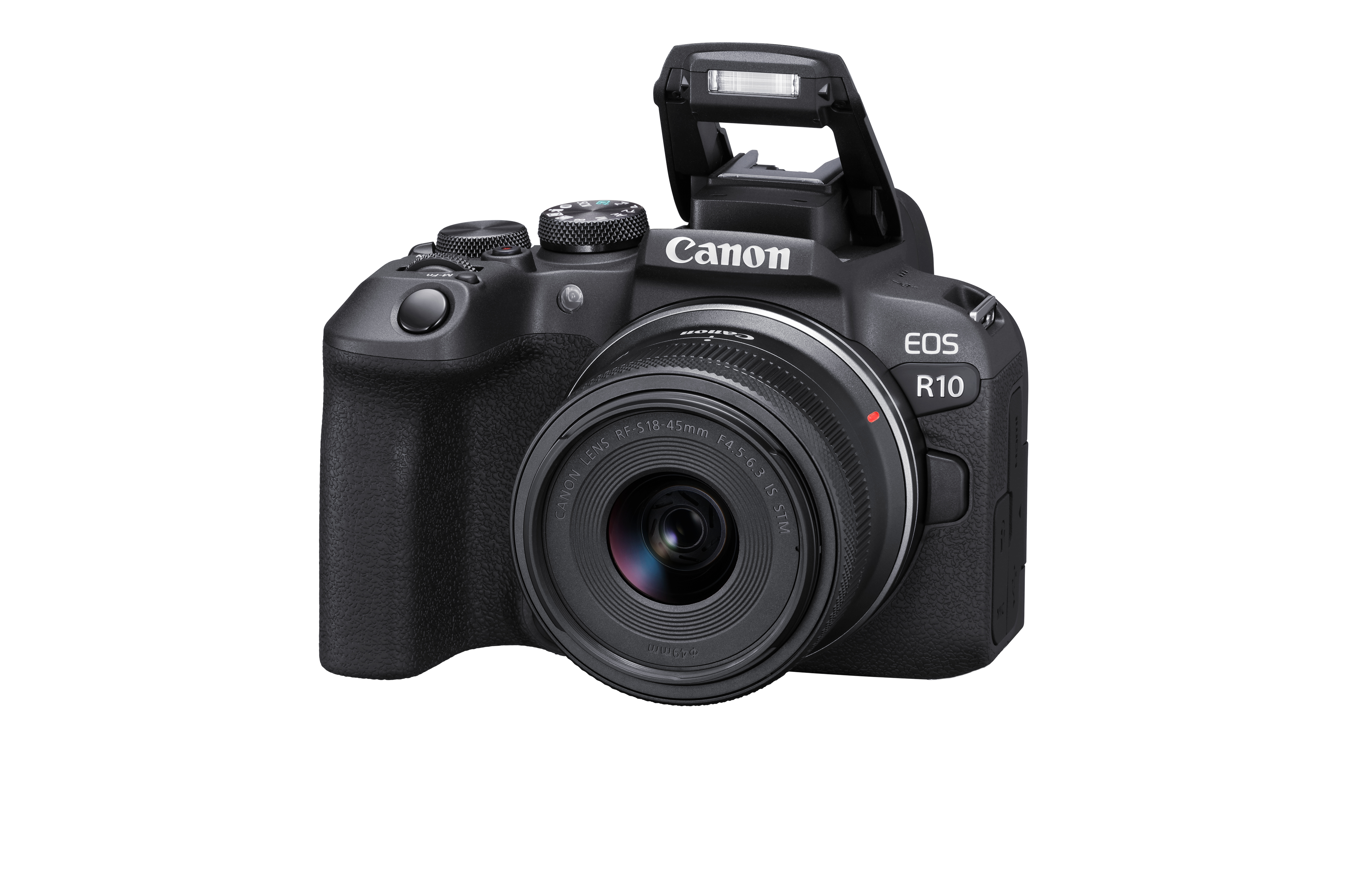 Canon EOS R10 Kamera mit Objektiv und Blitz, isoliert auf weißem Hintergrund.
