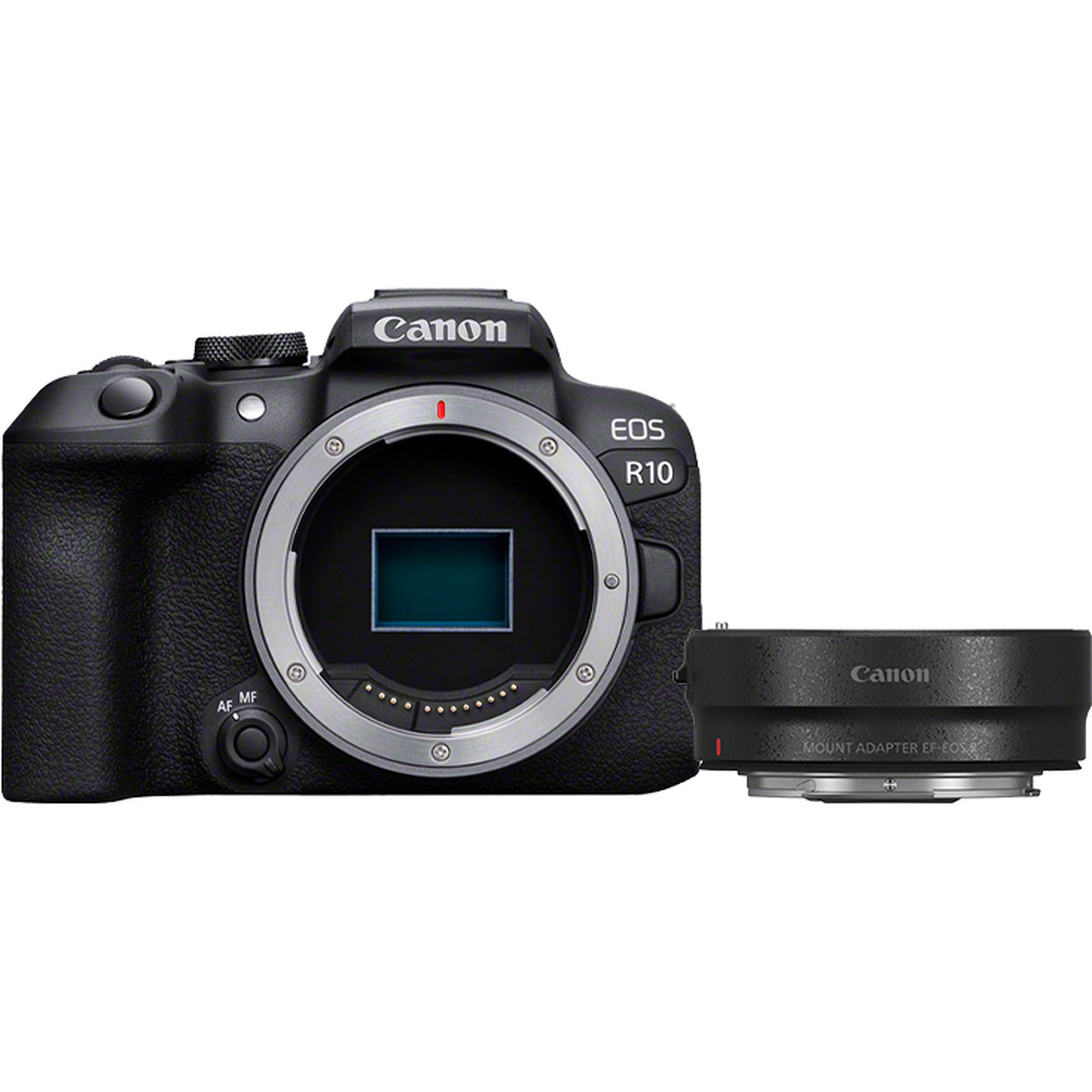 Canon EOS R10 Kamera mit angesetztem Objektiv auf weißem Hintergrund.