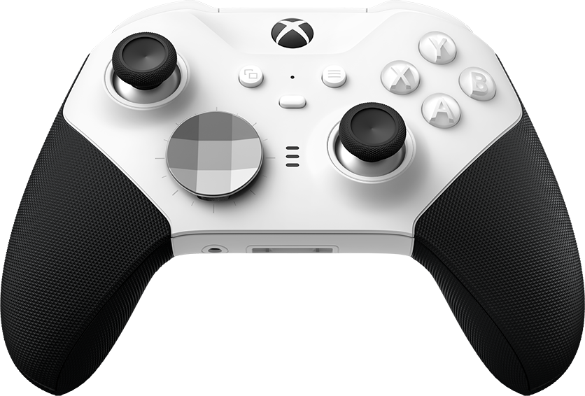 Un controller Xbox Elite Series 2 bianco con dettagli e pulsanti neri.