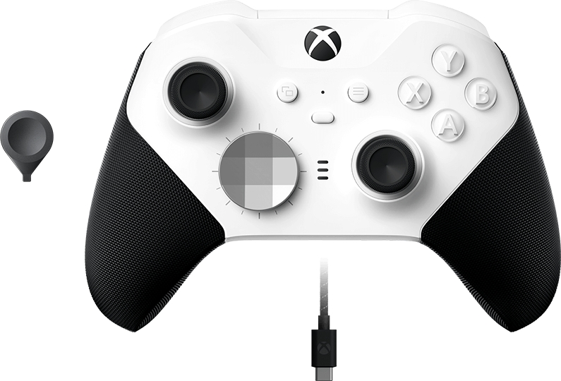Controller Xbox Elite Series 2 bianco con dettagli neri e cavo di ricarica.