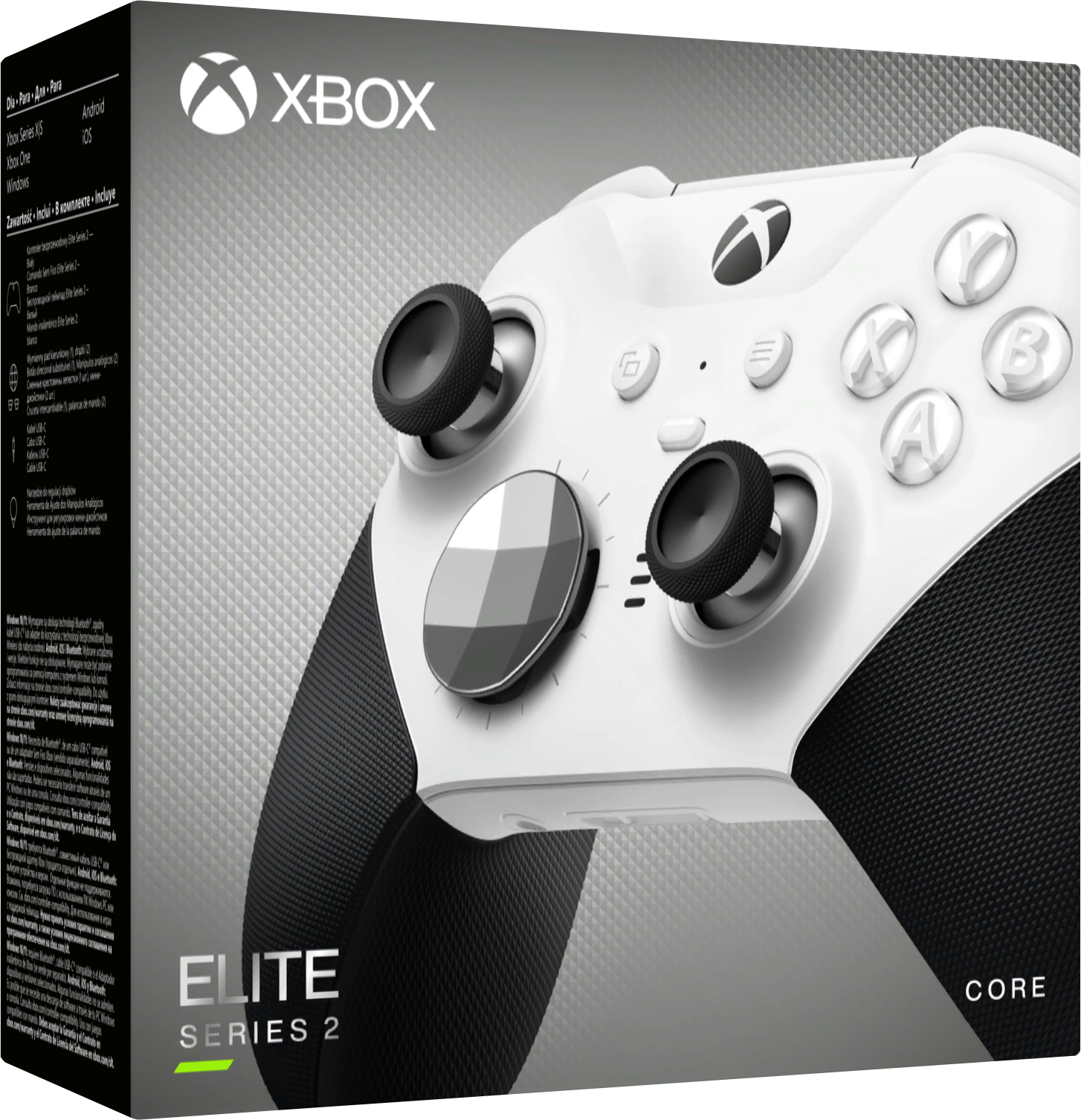 Controller Xbox Elite Series 2 bianco con dettagli neri in scatola.