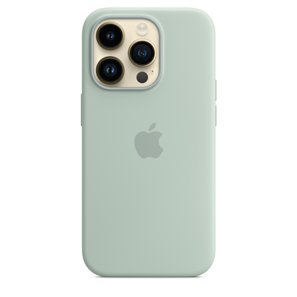 Mintgrünes Telefon mit Dreifachkamera, Apple-Logo. Hellgrüne Hülle.