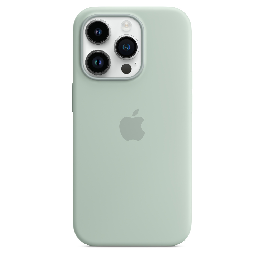 Eine hellgrüne iPhone-Hülle mit drei Kameralinsen und Apple-Logo.