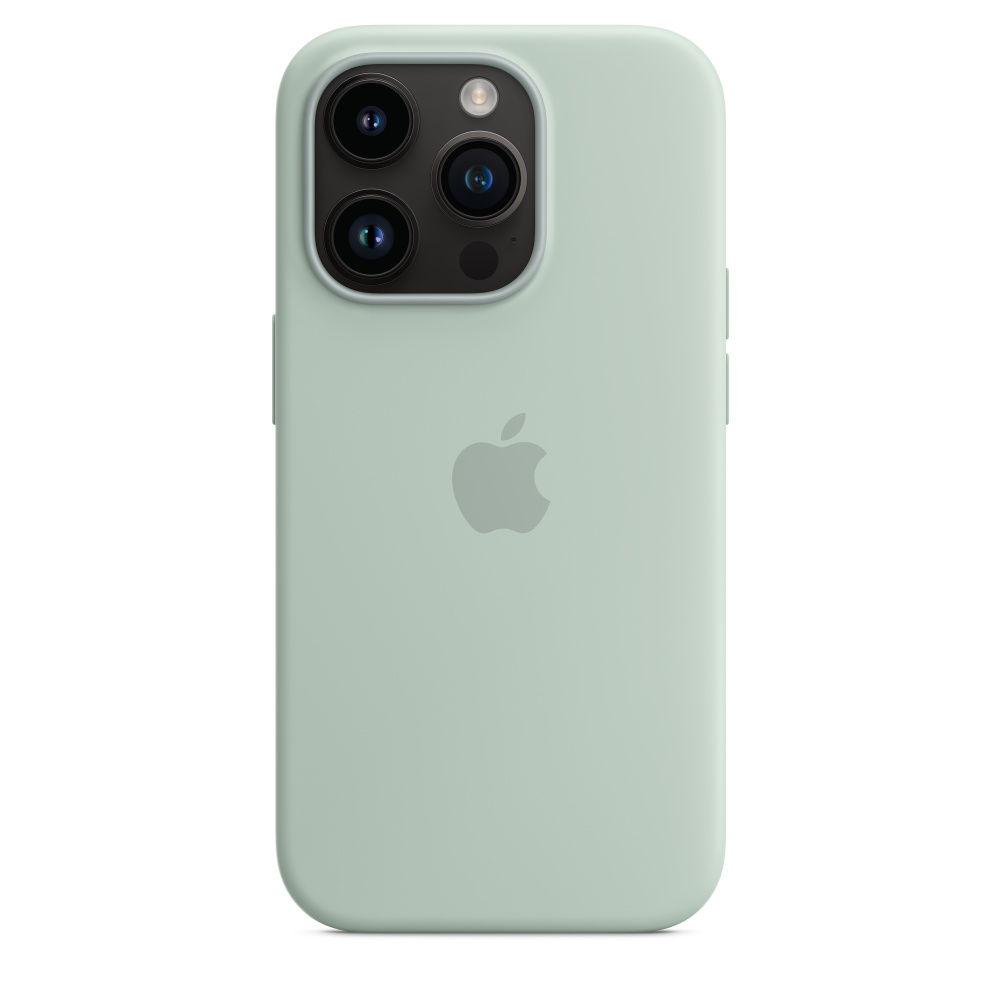 Eine mintgrüne iPhone-Hülle mit drei Kameras, Apple-Logo und schlankem Design.