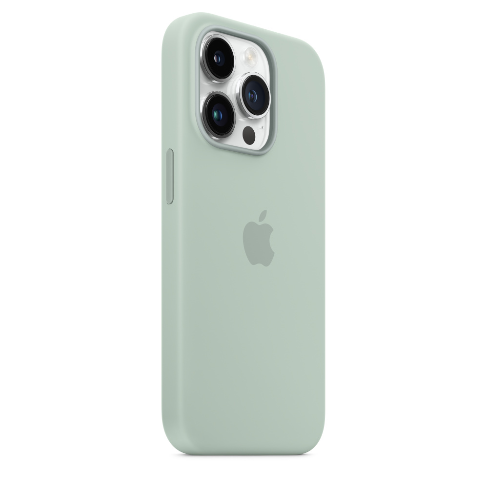 Ein grünes iPhone in einer passenden Hülle, mit dem Apple-Logo mittig auf der Rückseite.