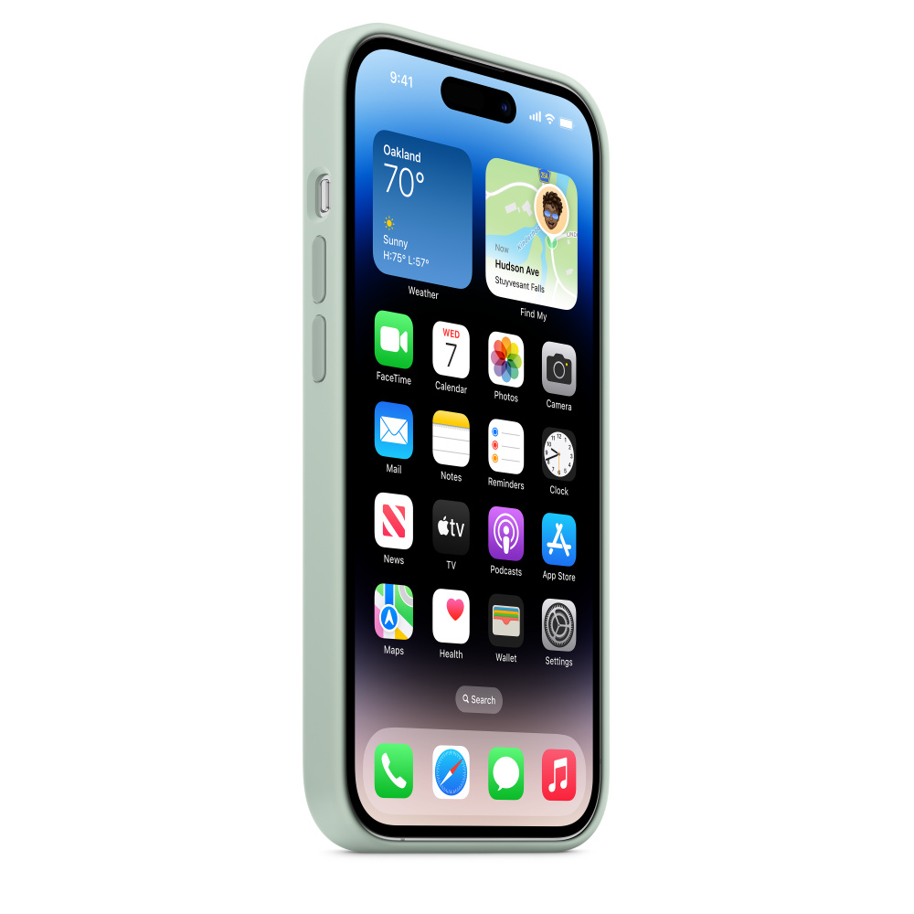 Ein mintgrünes iPhone mit einem Display, das Apps und ein Wetter-Widget zeigt.