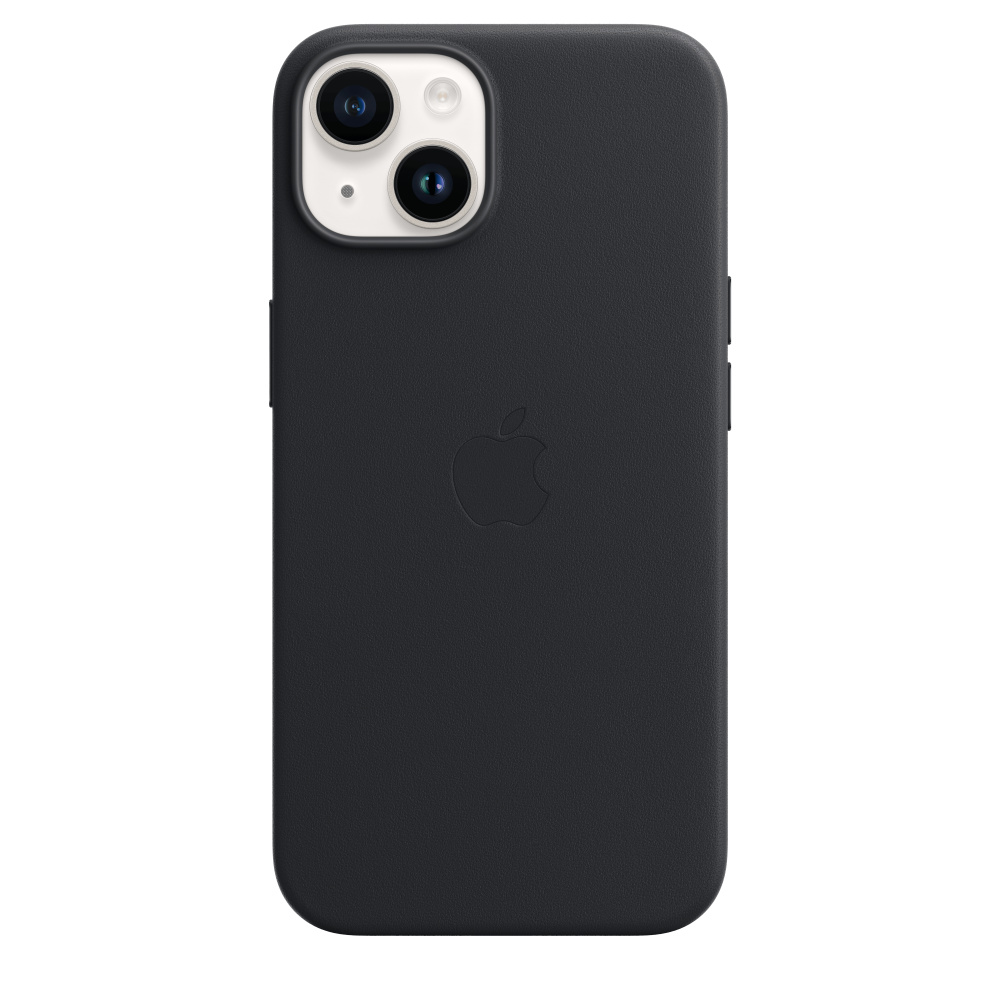 Coque en cuir noire pour iPhone 14 avec logo Apple.