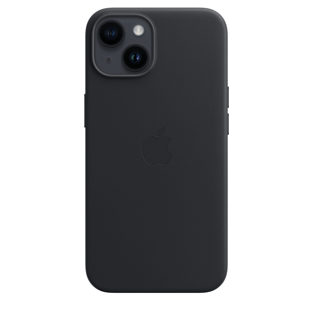 iPhone noir avec module caméra et logo Apple, dans un étui en cuir noir.