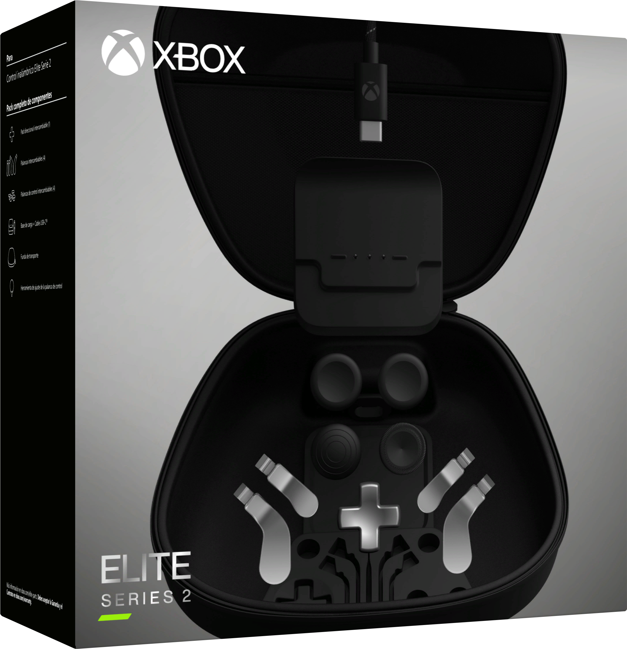 Geöffnete Xbox Elite Series 2 Controller-Hülle mit Controller, Ladestation und Zubehör.