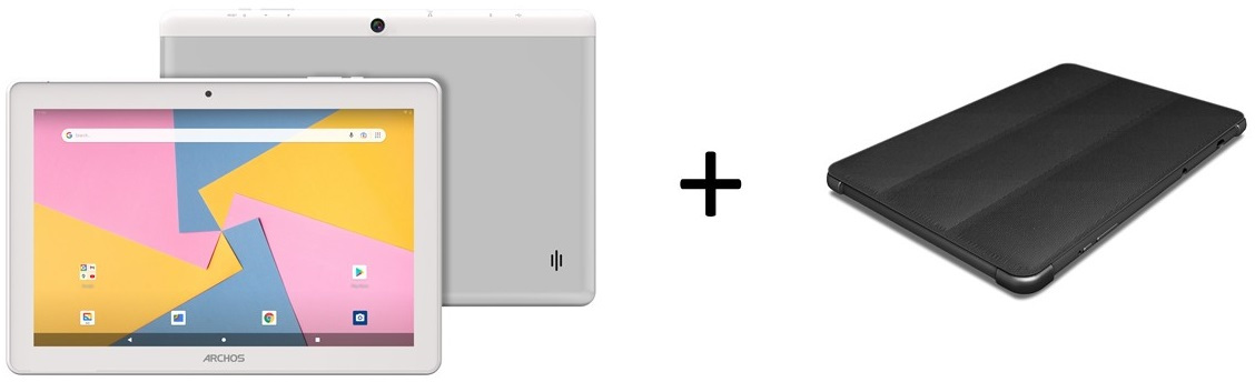 Tablette blanche avec un étui, présentée sur un fond blanc.
