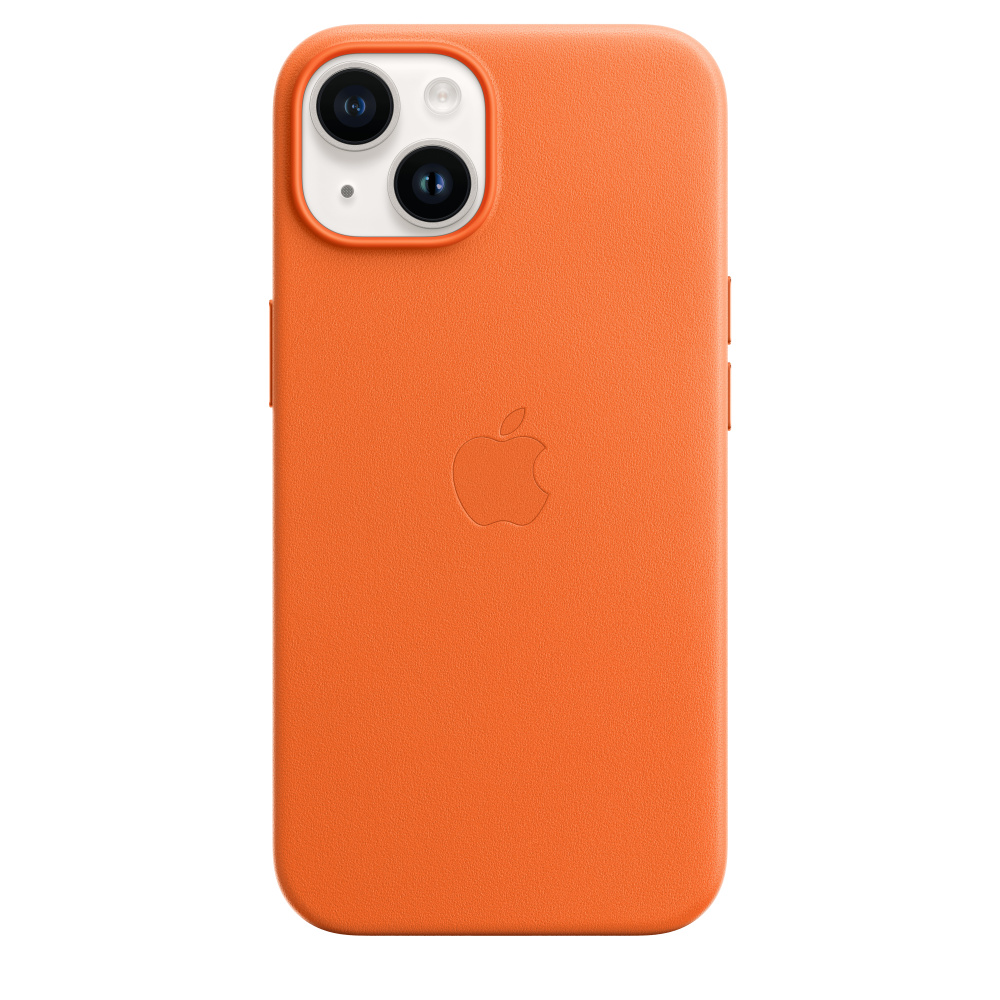 Oranges Telefon in einer Hülle. Mit Apple-Logo.