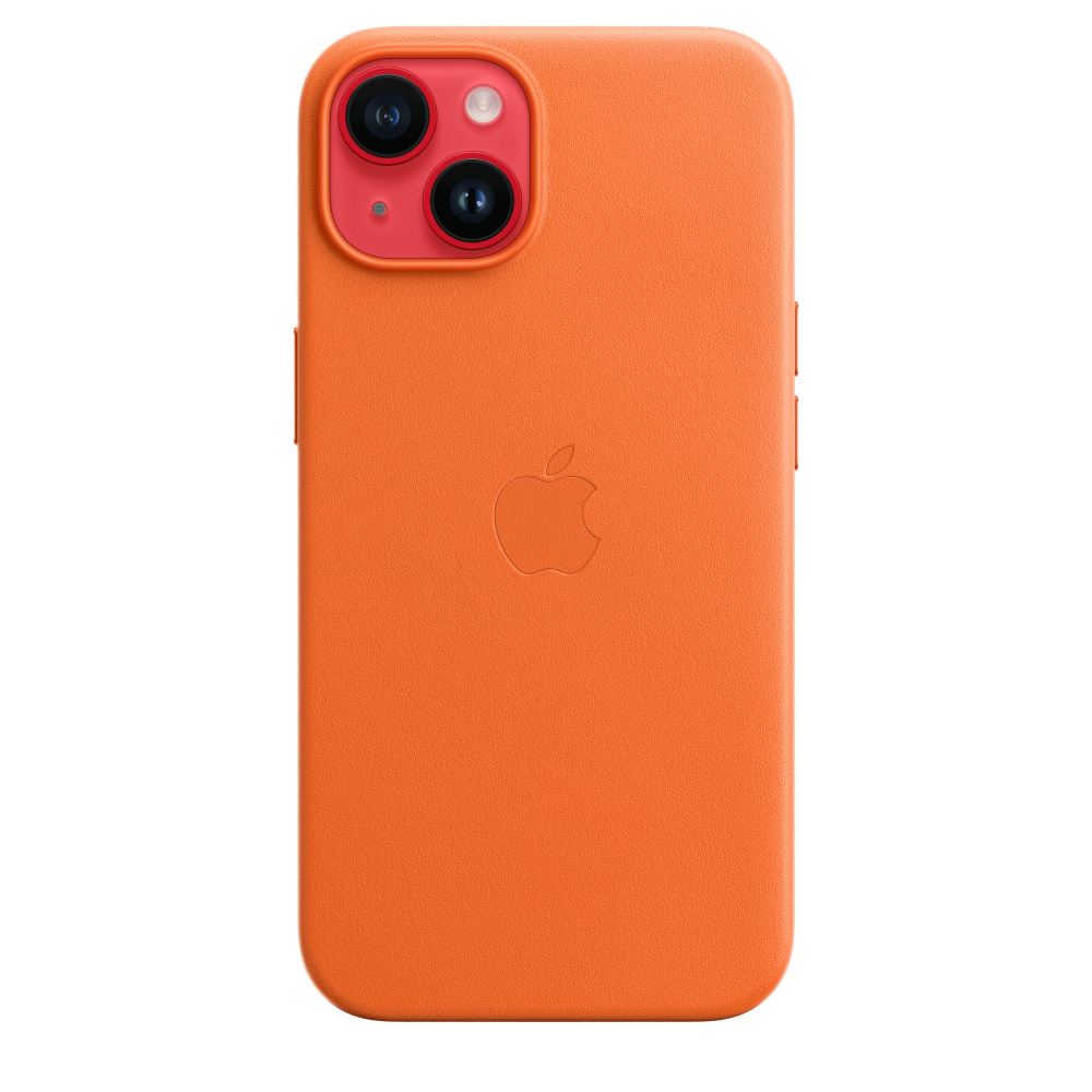 Oranges iPhone in einer orangefarbenen Hülle, Kameramodul und Apple Logo.
