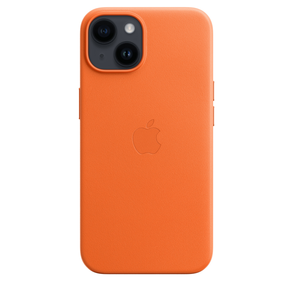 Orangefarbene Handyhülle mit Kamera und Apple-Logo auf der Rückseite.