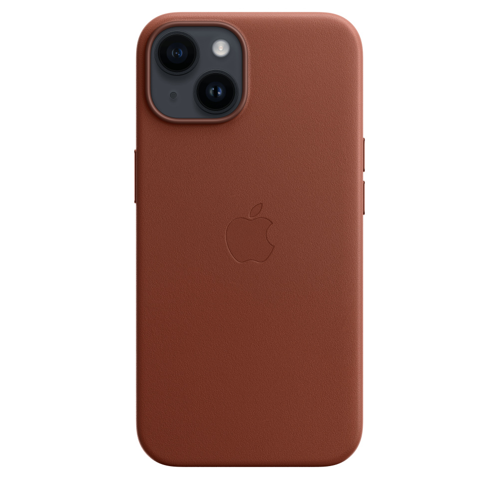 Ein braunes iPhone mit einer Lederhülle. Das Apple-Logo ist auf der Hülle geprägt.