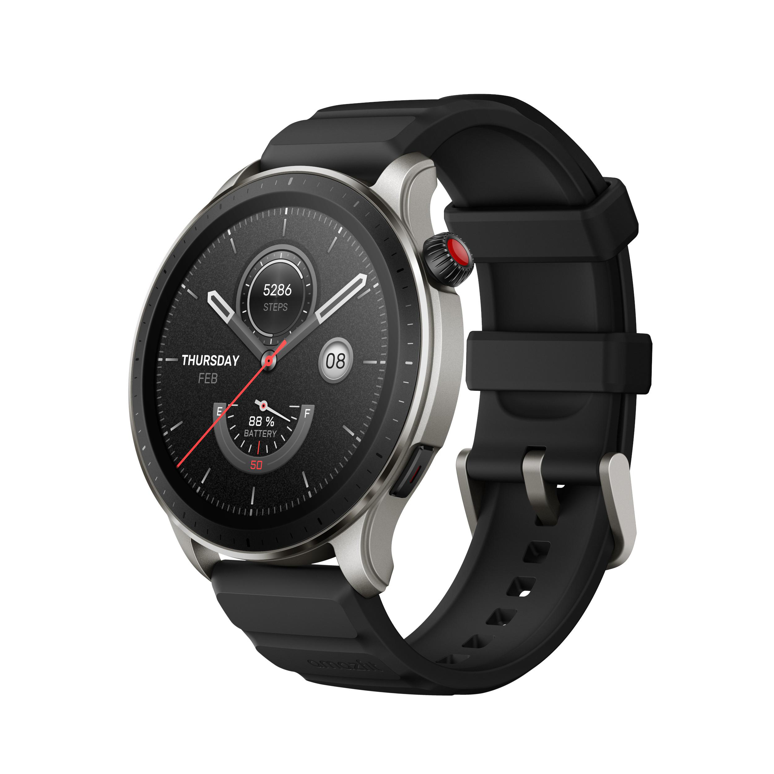 Smartwatch mit schwarzem Armband, rundes Zifferblatt mit Schritten, Akku und Datum.