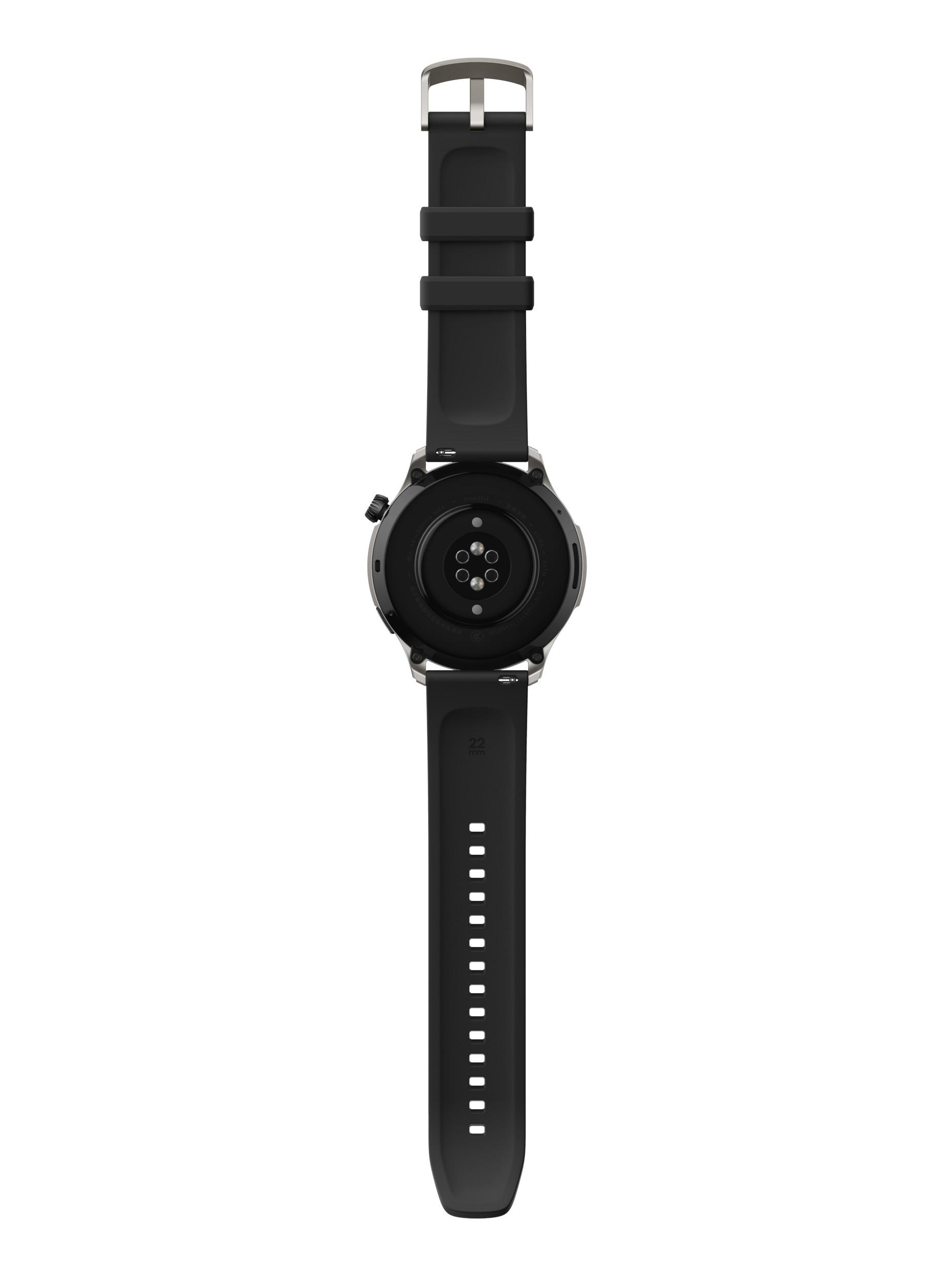 Rückseite einer schwarzen Smartwatch mit schwarzem Armband, Sensoren und Schnalle.