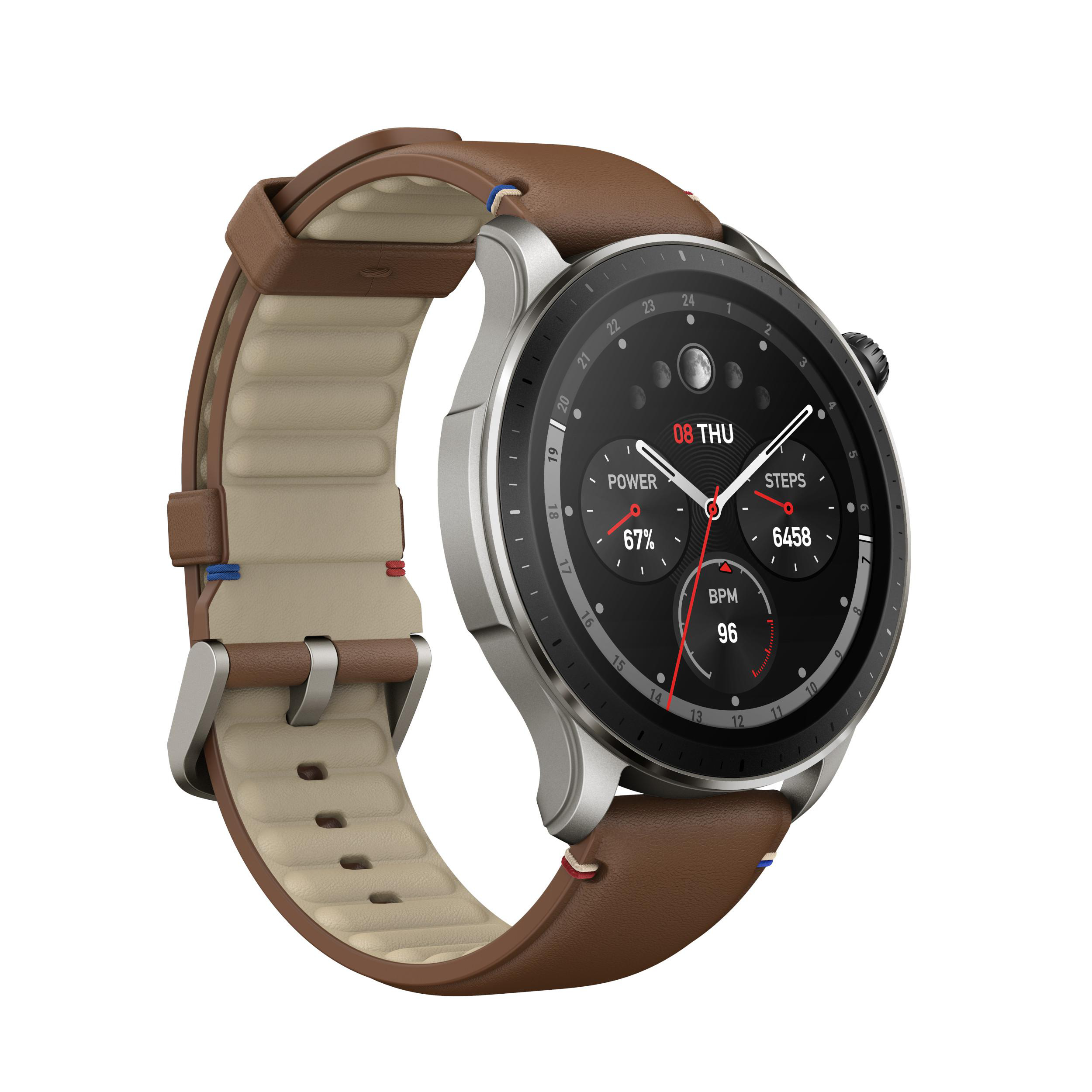 AMAZFIT GTR 4 Smartwatch Aluminiumlegierung Fluorkautschuk, Nylon, Kunstleder, 20 mm, 150-215 mm, Vintage Brown Leather