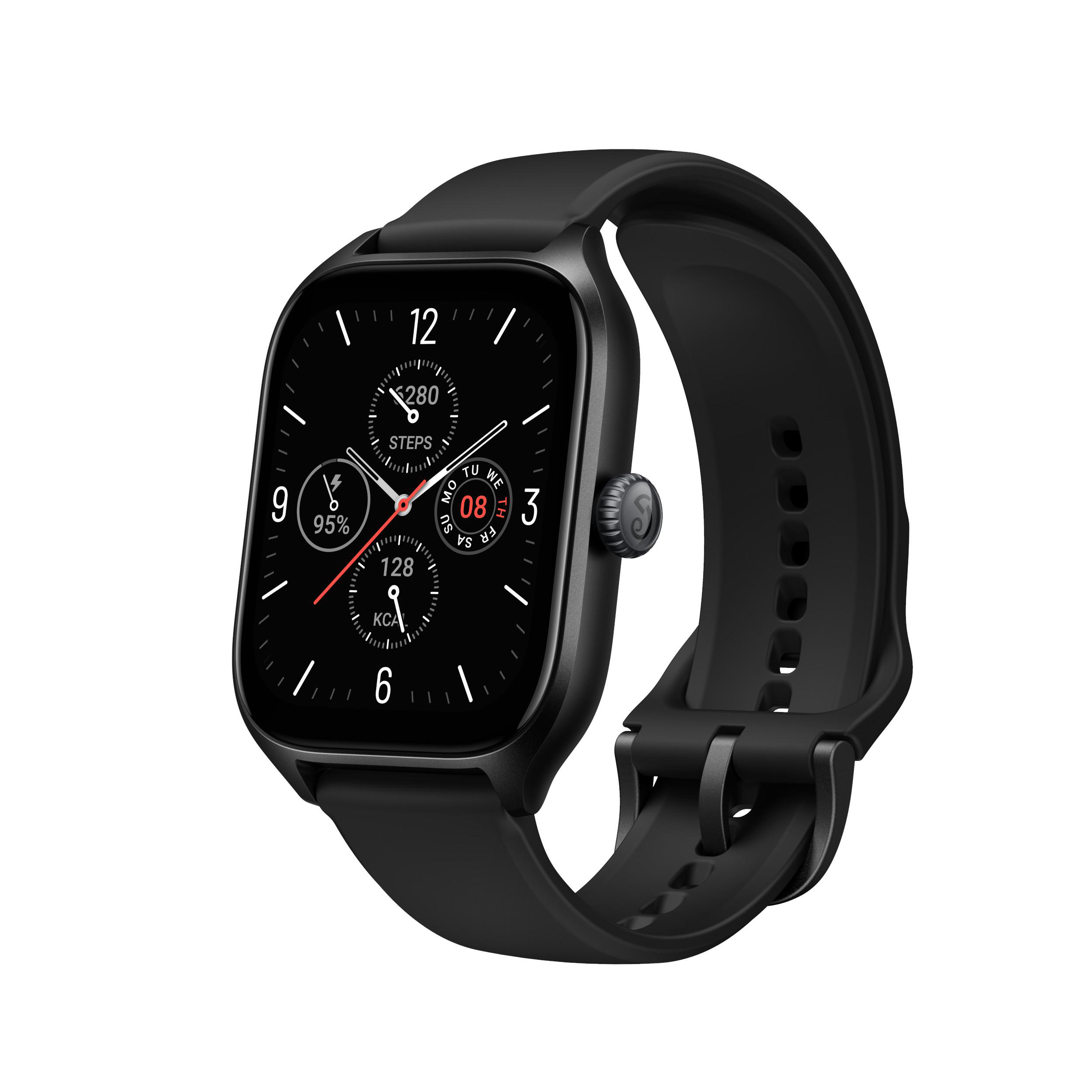 Schwarze Smartwatch mit rechteckigem Zifferblatt, schwarzem Armband, weißer Hintergrund.
