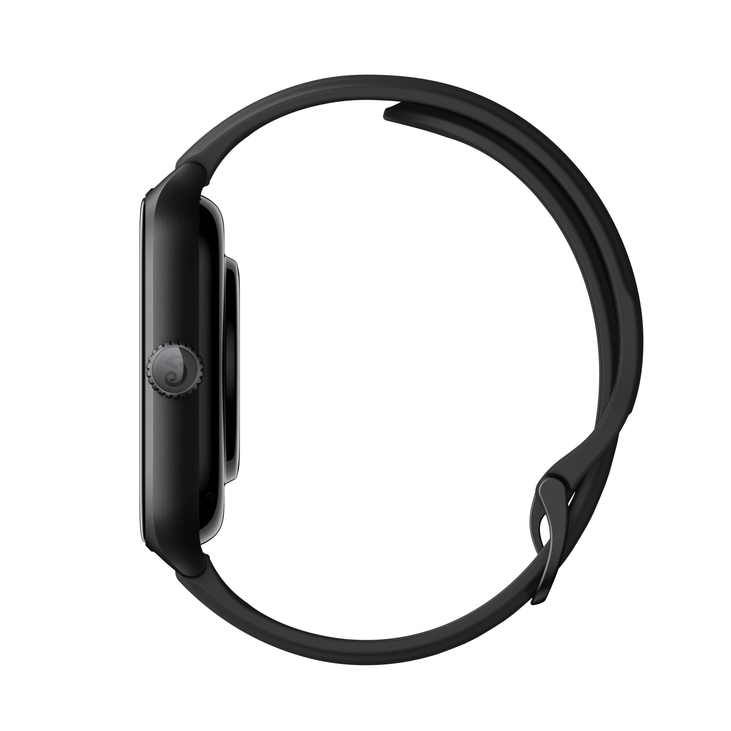 Schwarze Apple Watch Seitenansicht, zeigt den gebogenen Bildschirm und das Band.