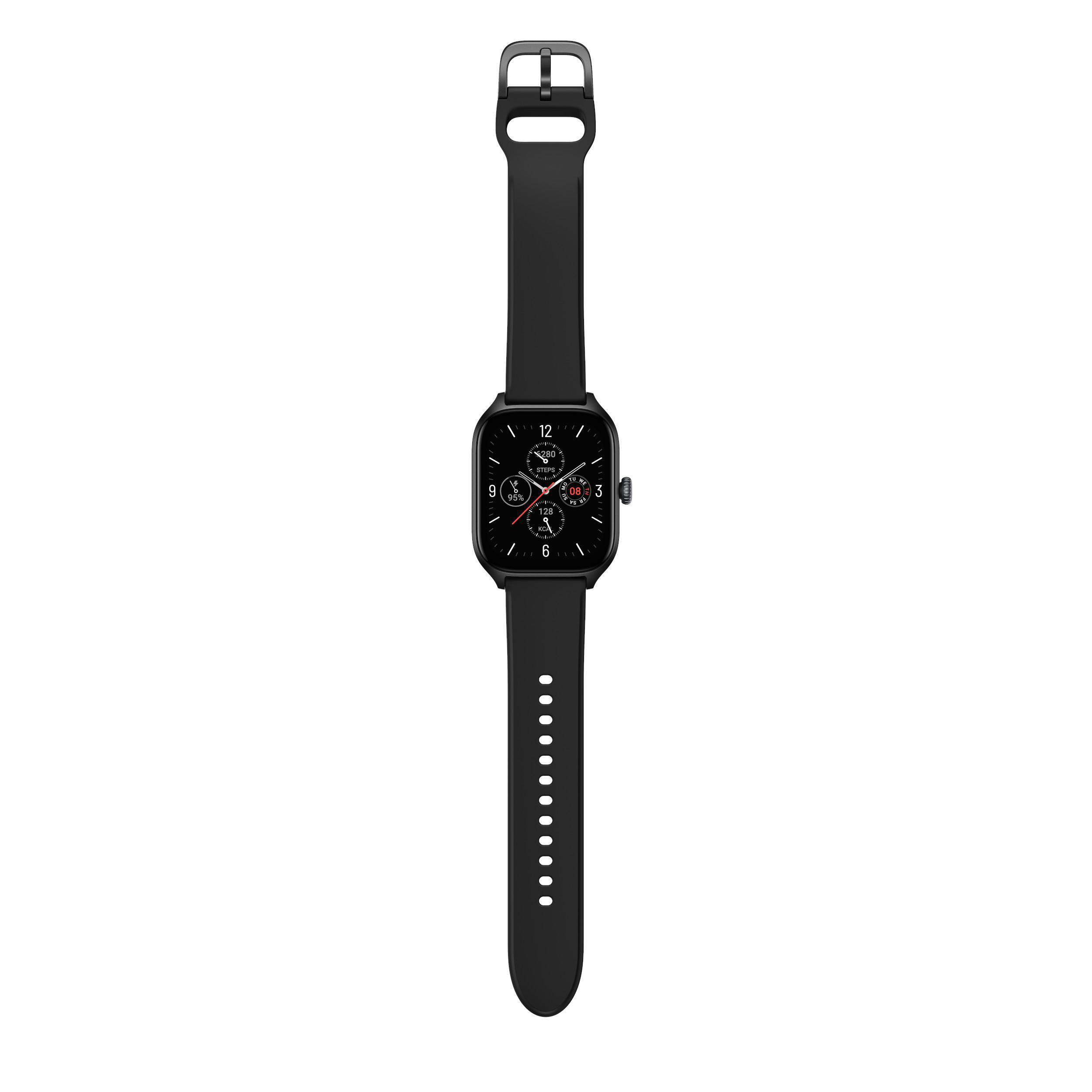 Schwarze Smartwatch mit schwarzem Armband, quadratischem Zifferblatt und weißem Hintergrund.