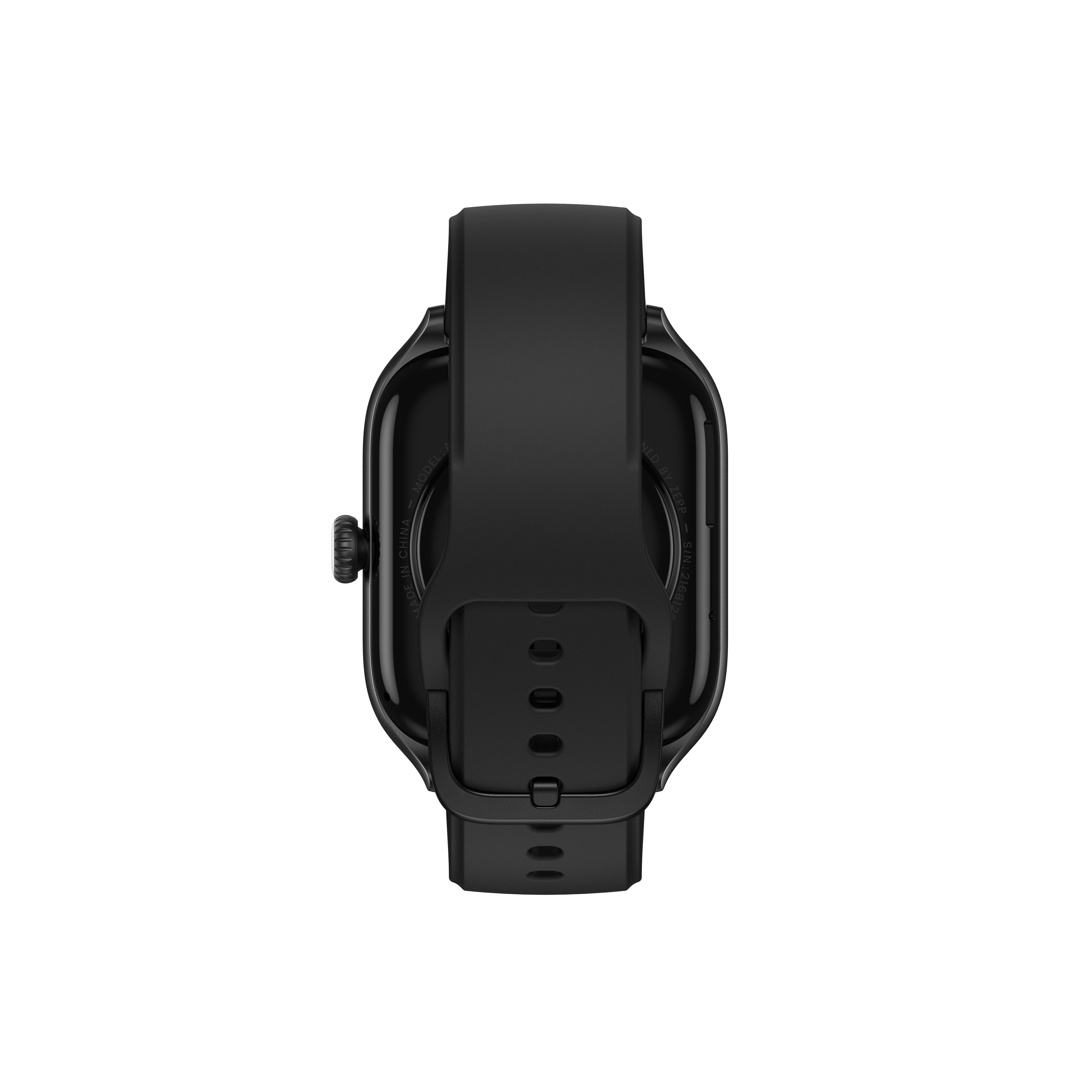 Schwarze Smartwatch, von hinten betrachtet, mit schwarzem Armband und Knopf.