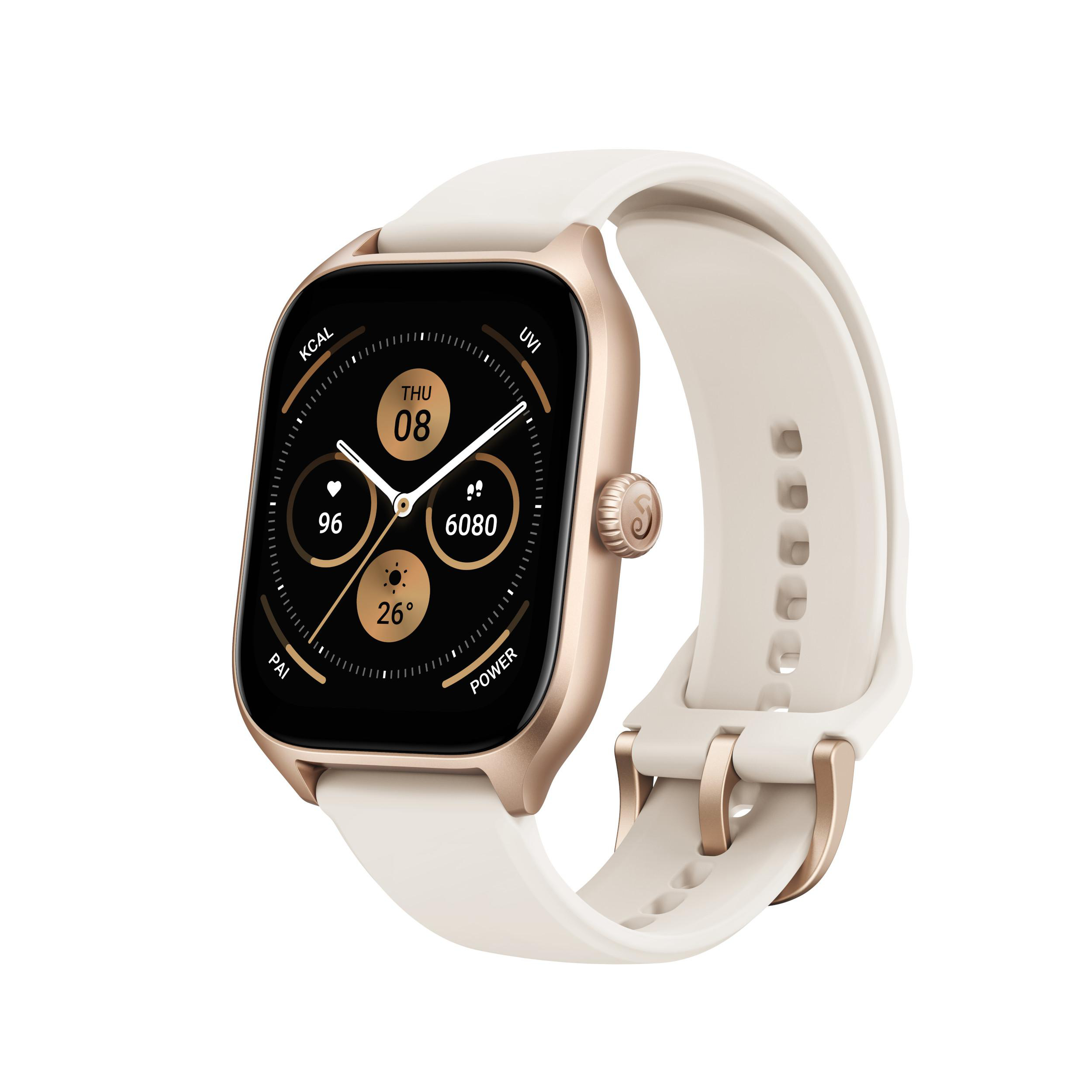 Smartwatch mit goldfarbenem Gehäuse und weißem Armband, Anzeige von Zeit und Gesundheitsdaten.