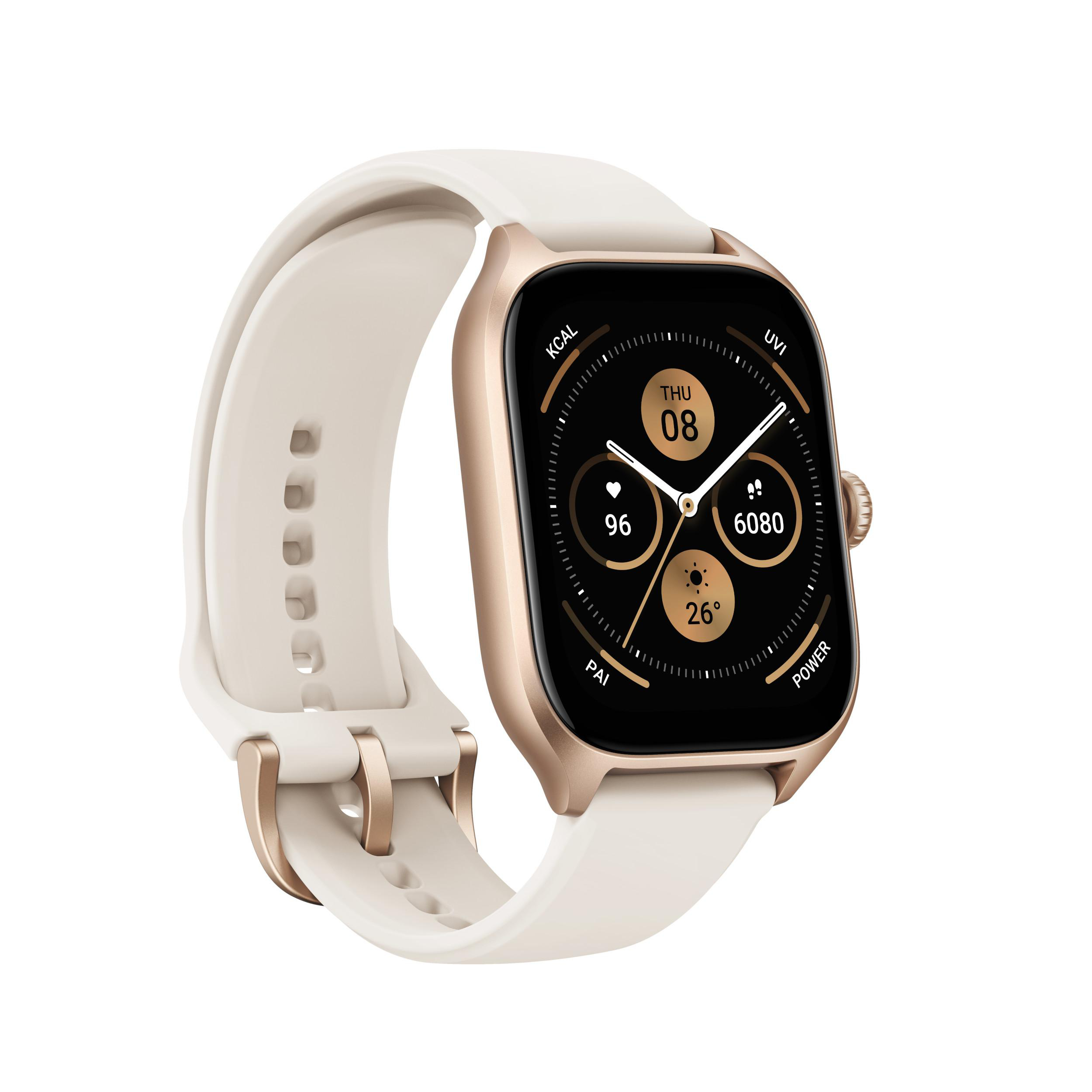 Goldene Smartwatch mit weißem Armband. Der Bildschirm zeigt Zeit, Herzfrequenz und andere Metriken.