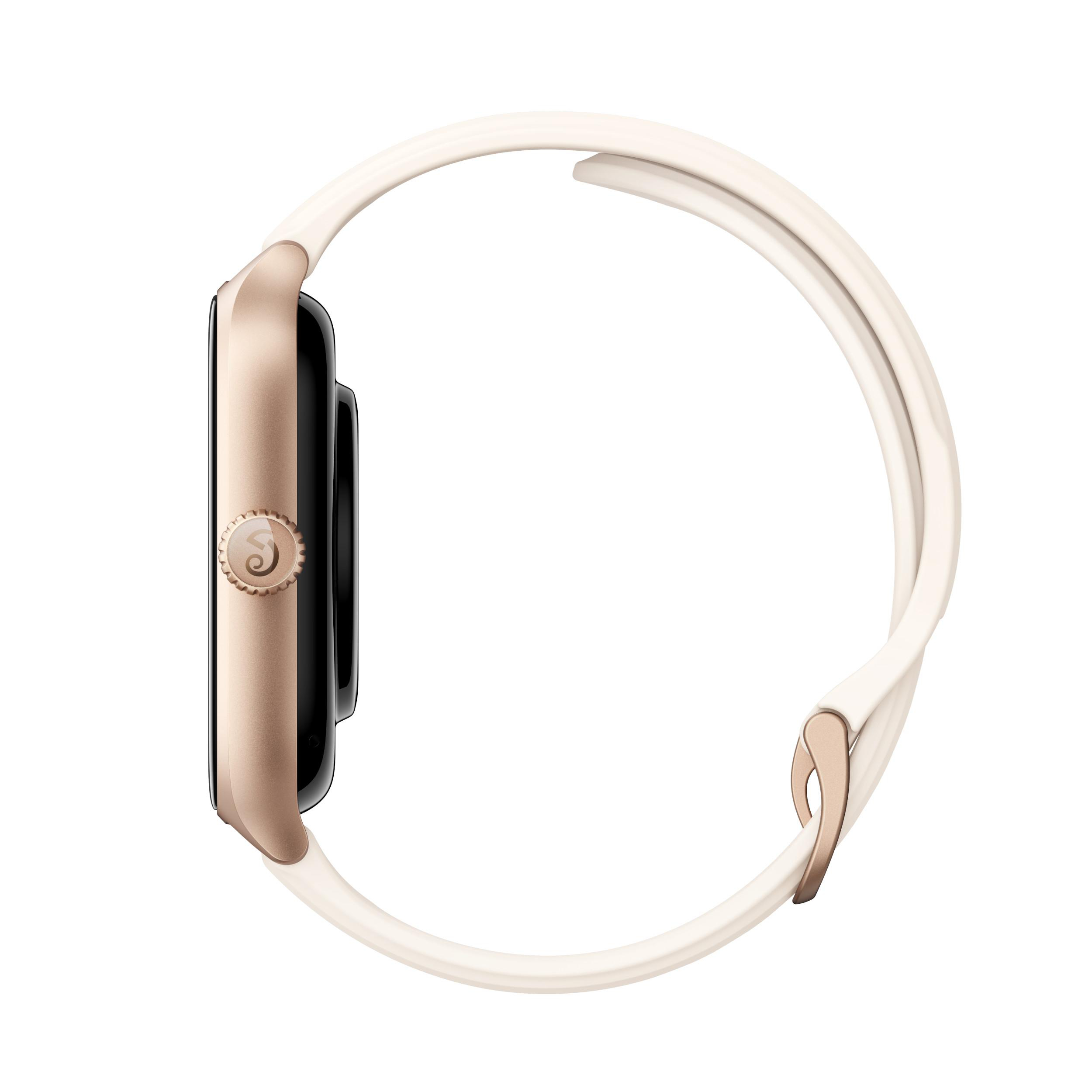 Eine goldene und weiße Smartwatch, von der Seite gesehen, mit einem schwarzen Bildschirm und einem weißen Armband.
