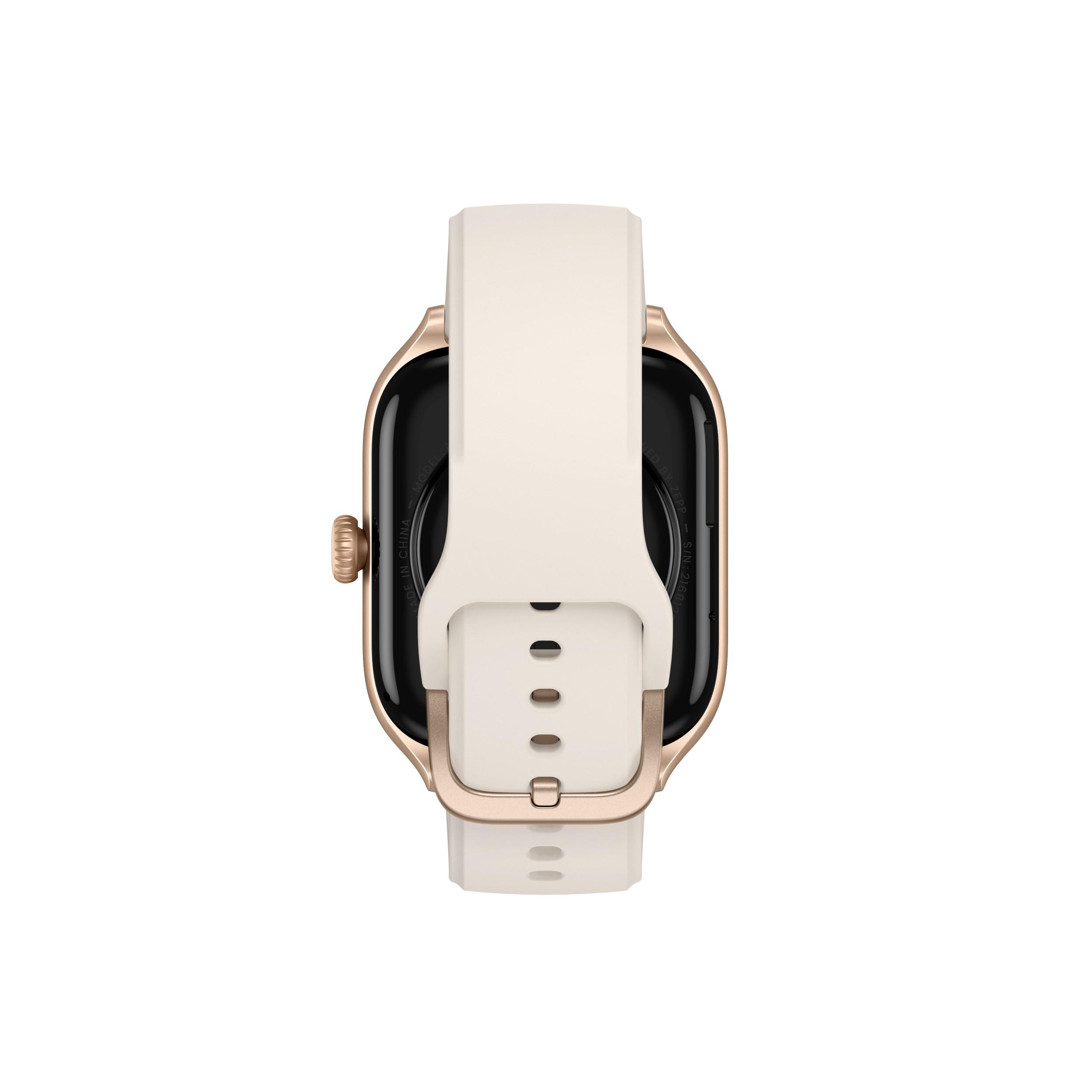Eine Smartwatch von hinten gesehen. Ein weißes Armband und ein goldfarbener Rahmen.