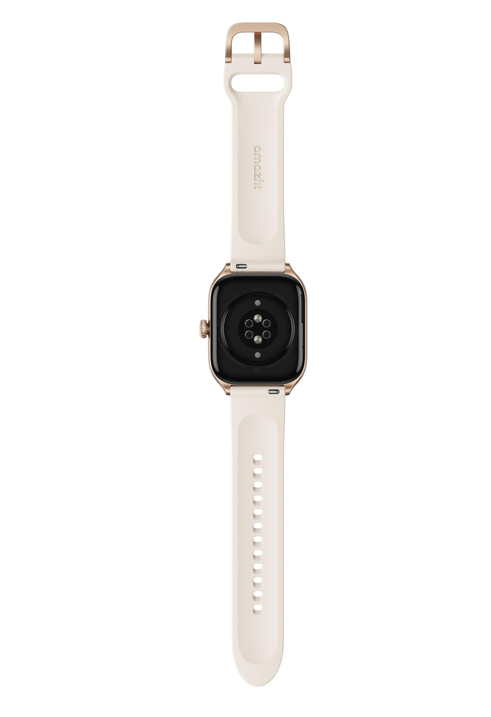 Rückansicht einer Smartwatch mit weißem Armband und goldenen Akzenten.