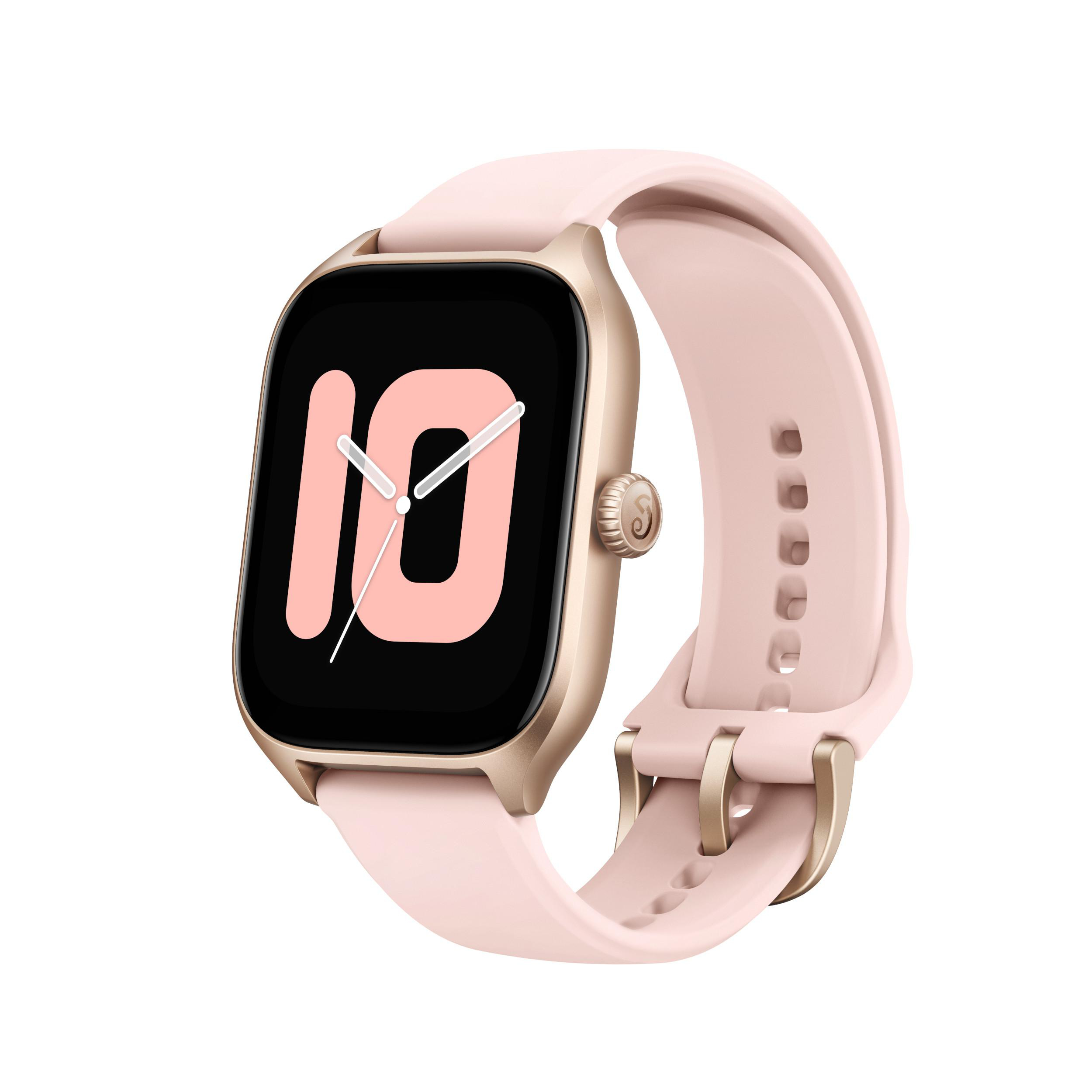 Eine rosa Apple Watch mit einem rosafarbenen Armband. Die Uhr zeigt die Zeit und die Zahl 10 an.